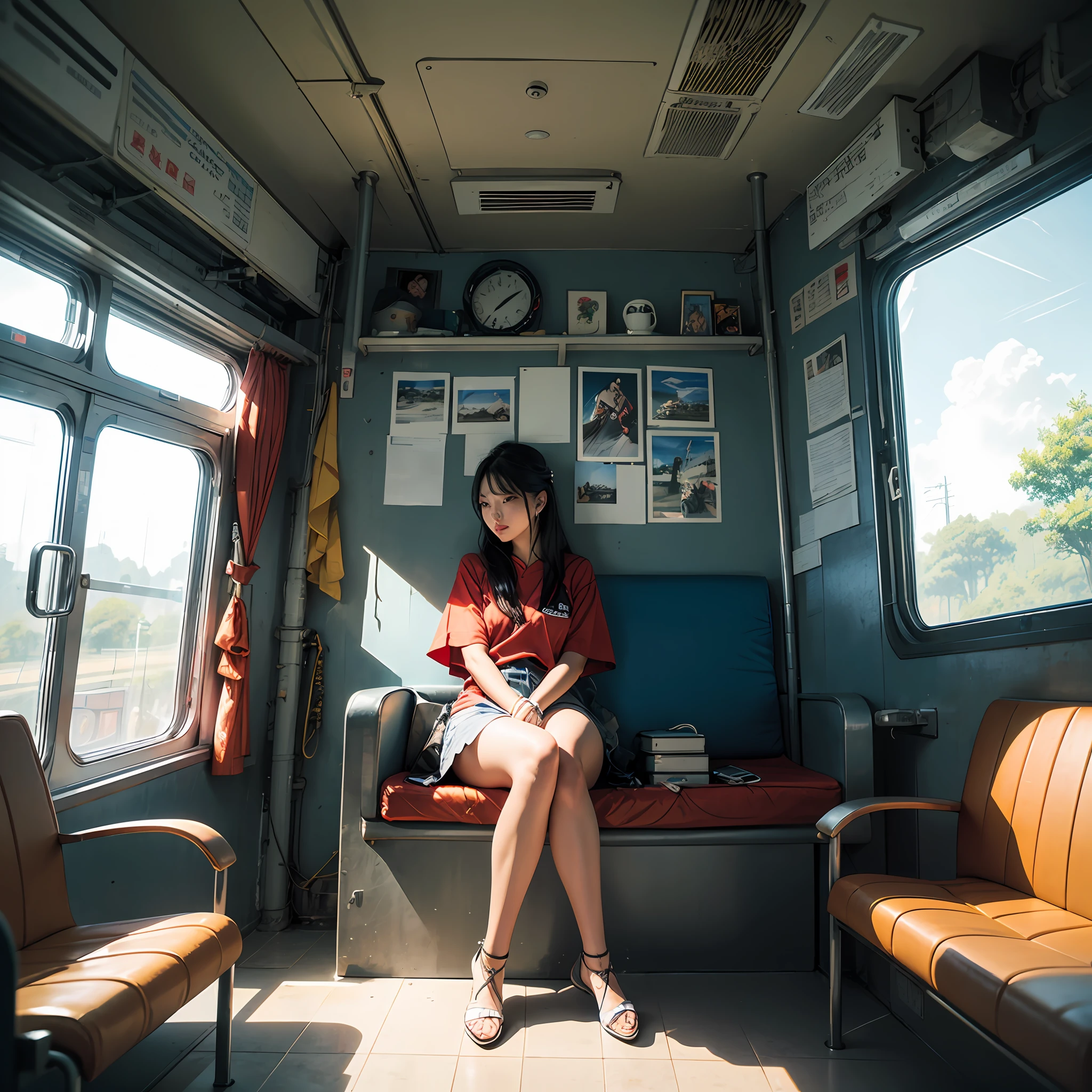 Hyper-realistic beauty，Sit inside the train to heaven，Look out the window into the distance。 --auto