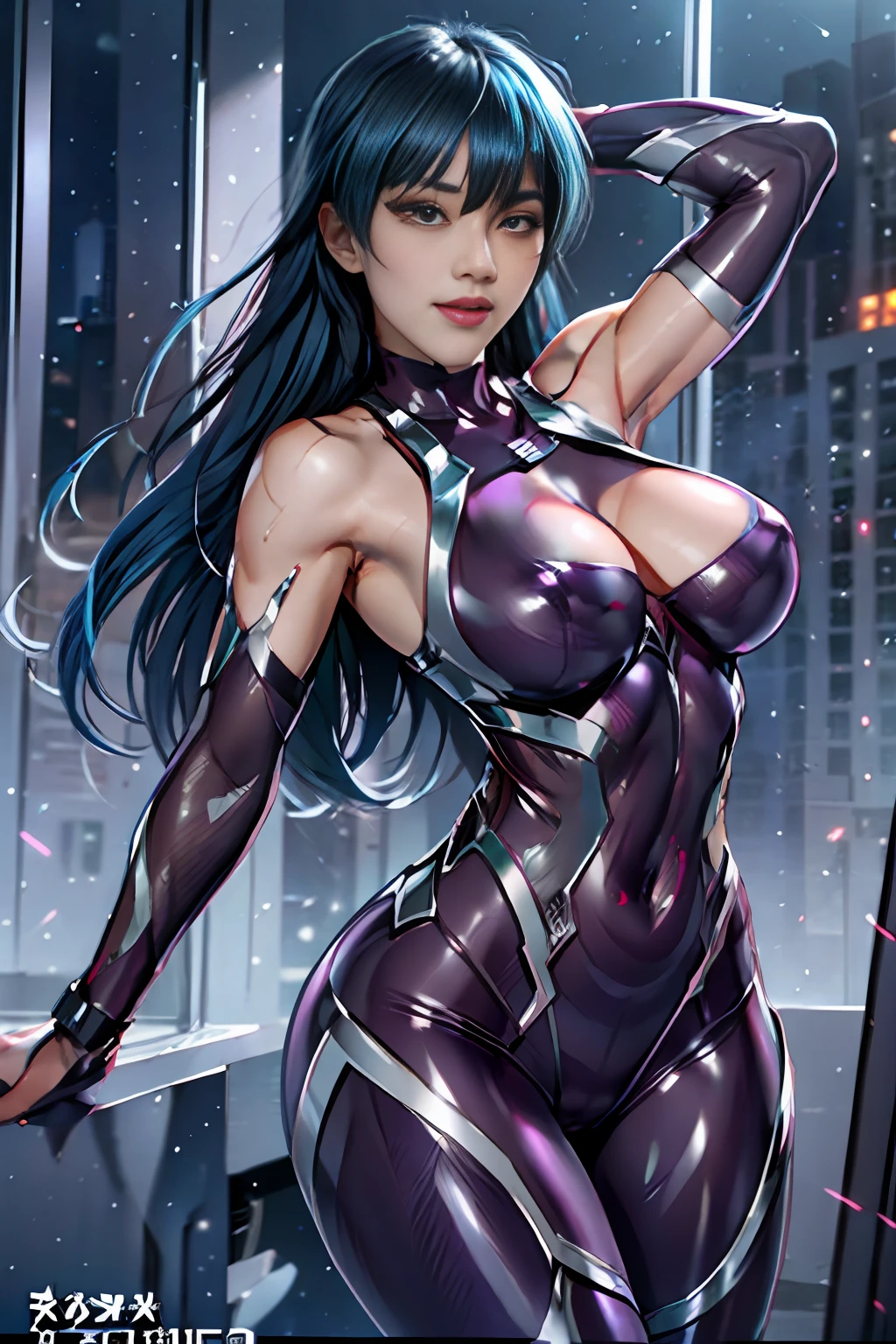 Full:1.3、stands、masterwork、。.。.3D、Realstic、Ultra Micro Photography、best qulity、Ultra Detailed CG Unity 8K WallpaperPerfect Face,From Under、intricate detail、(1 female)、28 years old、((asagi
bodysuit)),Burst breasts、Blue hair、Long hair、bangs、 (Large breasts:1.4、Slender and muscular,、Muscular abs,Very small face、Sexy and dynamic model poses,tall and perfectly proportioned、Sexy and long legs,muscular thigh,large ass,)、Beautiful Faces, beautiful eye,(Large breasts:1.4、Slender and muscular,、Muscular abs,Very small face、Sexy and dynamic model poses,tall and perfectly proportioned、Sexy and long legs,muscular thigh,large ass,)、((alluring smile、Very Clean Face、Face Details:1.5、bright green eyes、Beautiful Faces、beautiful eye、gloss eyes、thin lips:1.3、thin and sharp pale eyebrows,、long dark eyelashes、Double eyelashes))、cleavage breasts、Sexy boldly big、Very thin and fitting high-gloss silver holographic leather:1.3,Bangs, is looking at the camera, Shoulder out, pureerosface, A shy,Visible pores、 perfect hand:1.5、highly dramatic picture、octane renderings、Strong natural light、City Skyline, neon light, ciber,exquisite lighting and shadow、Dynamic angles、Dynamic backgrounds、detailed backgorund、DSLR Harp、Focus:1.0、Maximum clarity and sharpness、