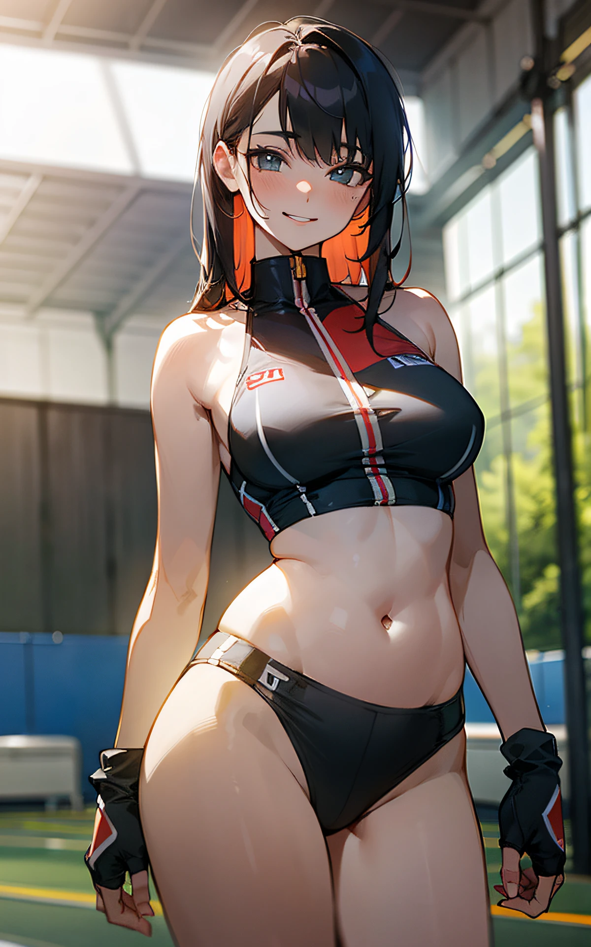 (Original Character、Unity 16K Wallpaper, Masterpiece, Best Quality, Ultra-Detailed, Extremely Detailed CG, Caustics, Cinematic Lighting, Detailed, Beautiful Detailed Eyes, solo), Ultra High Resolution, fine skin, (track and field:1.2) 、(strong light)、oily skin,smile , from front:1.2、(sexy women)、Arena、full body shot、separate、racing bloomers、show off belly,show off neck,sunny day、cowboy shot,layered hair,blush