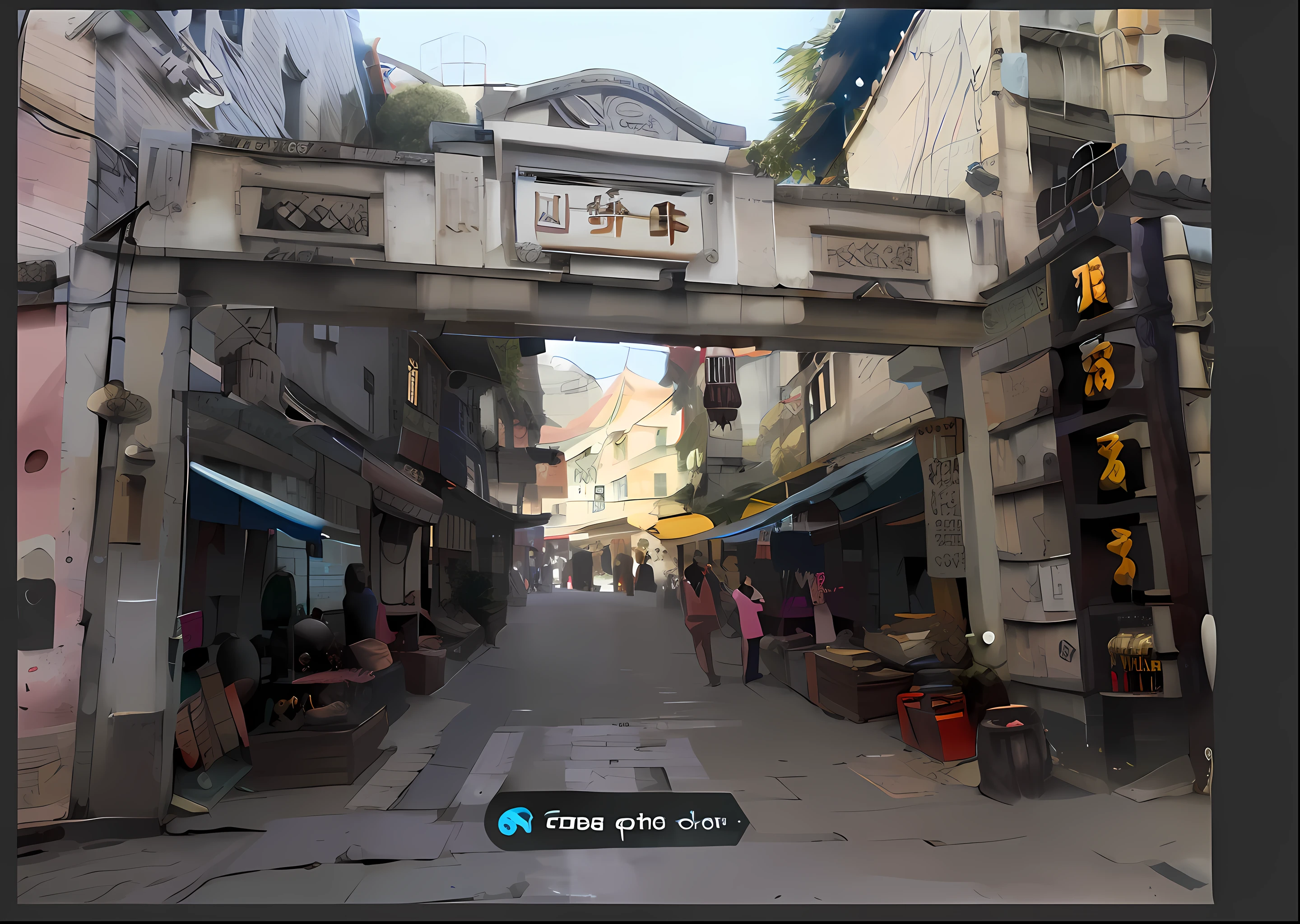 There is a street,There is a bridge above,There is a sign on it, ancient city streets behind her,artwork of a hong kong street,Manhwa Style,old city, guangjian, zhouzhuang ancient town, in a narrow chinese alley, narrow and winding cozy streets, Old town, ancient city of white stone, colonial era street, china town, wet market street, author:Qu Leilei