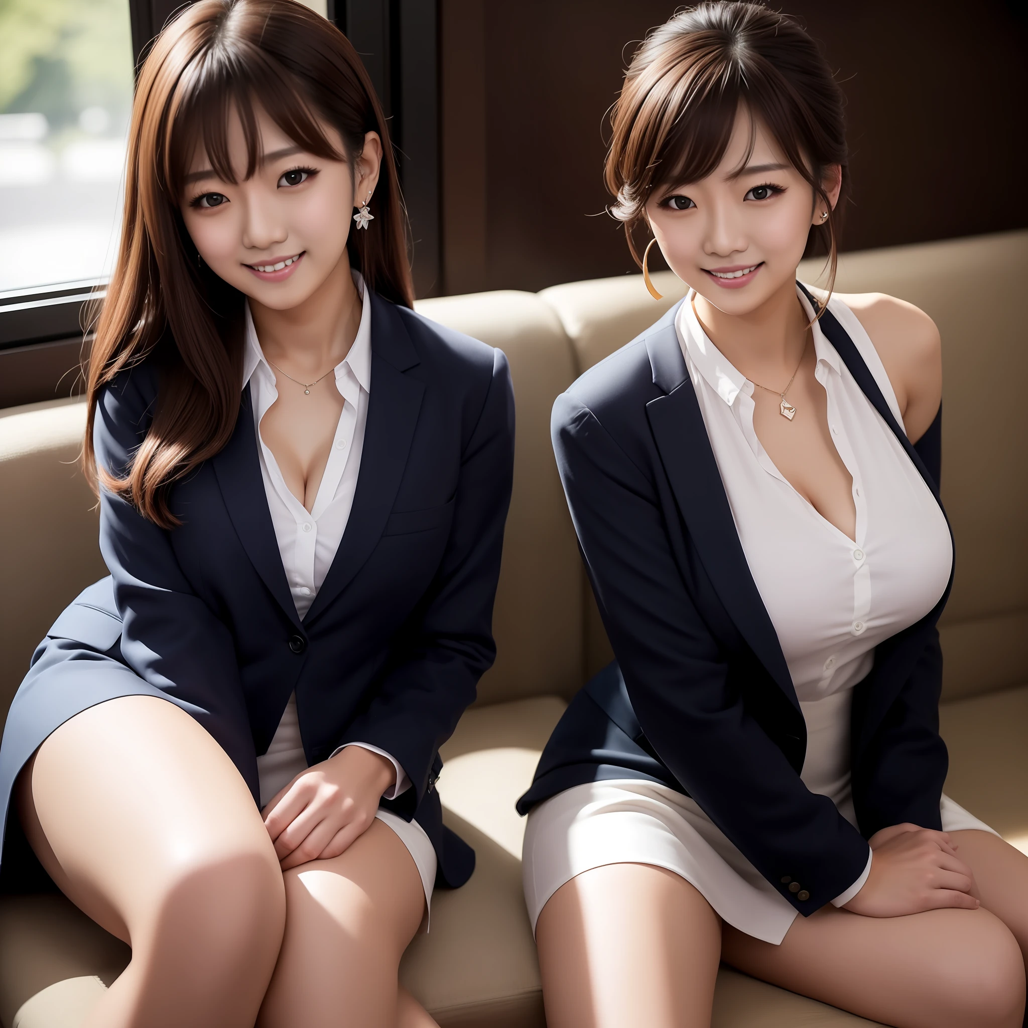 in 8K, Raw photo, 超A high resolution, Best Quality,extremely detailed 8K, 1人の女性 Beautiful face,((very small chest)),A dark-haired,a smile,Tilting head,grin,Upper body,Slim Fit Pants,gray tailored jacket,s Office,Upper body、乃木坂アイドル、女優 --auto