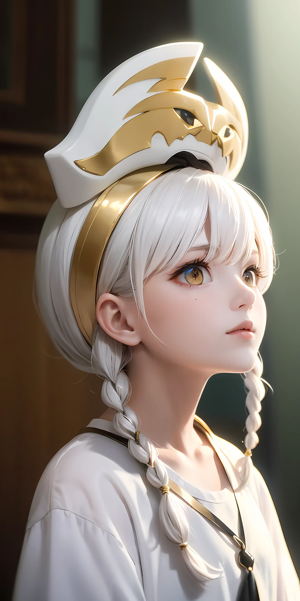 best quality, masterpiece,white hair, gold eyes,white clothes, looking up, upper body,hair strand,Fair skin,side braids