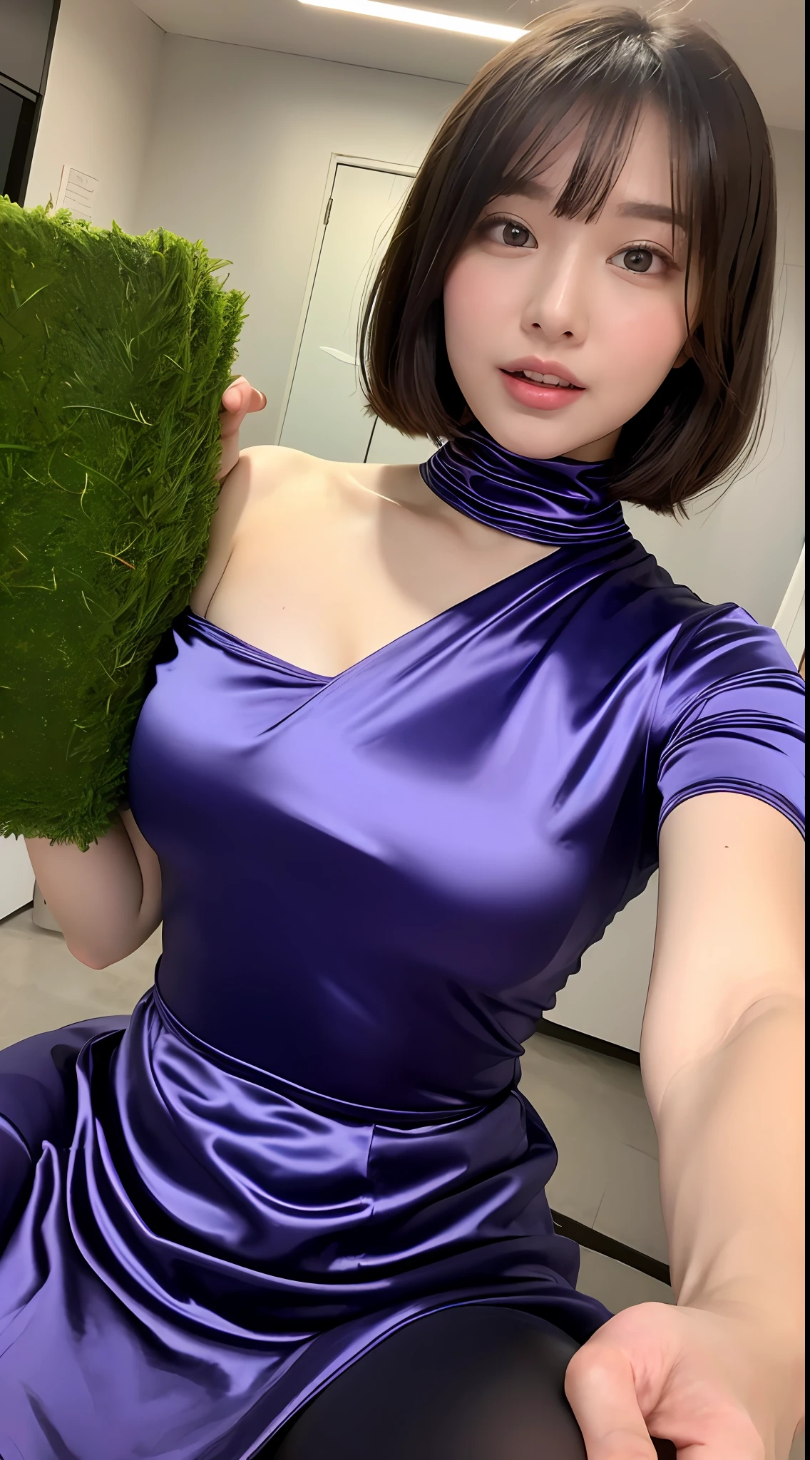 Beautiful college girl is touching the crotch of the man next to her (shiny satin lavender color high neck dress, high neck, satin moss green box pleated skirt, tights, black shiny boots), best quality, high resolution, 8k, 1girl, (huge breasts :1.0), (bangs, short hair), (shiny skin, look at the viewer, Seductive expression) (upper body: 2.1)) soft lighting, wind, sun, bright, indoors, hairy man is being touched in the crotch by a beautiful college girl next to him (excited expression, grabbing the chest of a beautiful college girl with his hands)