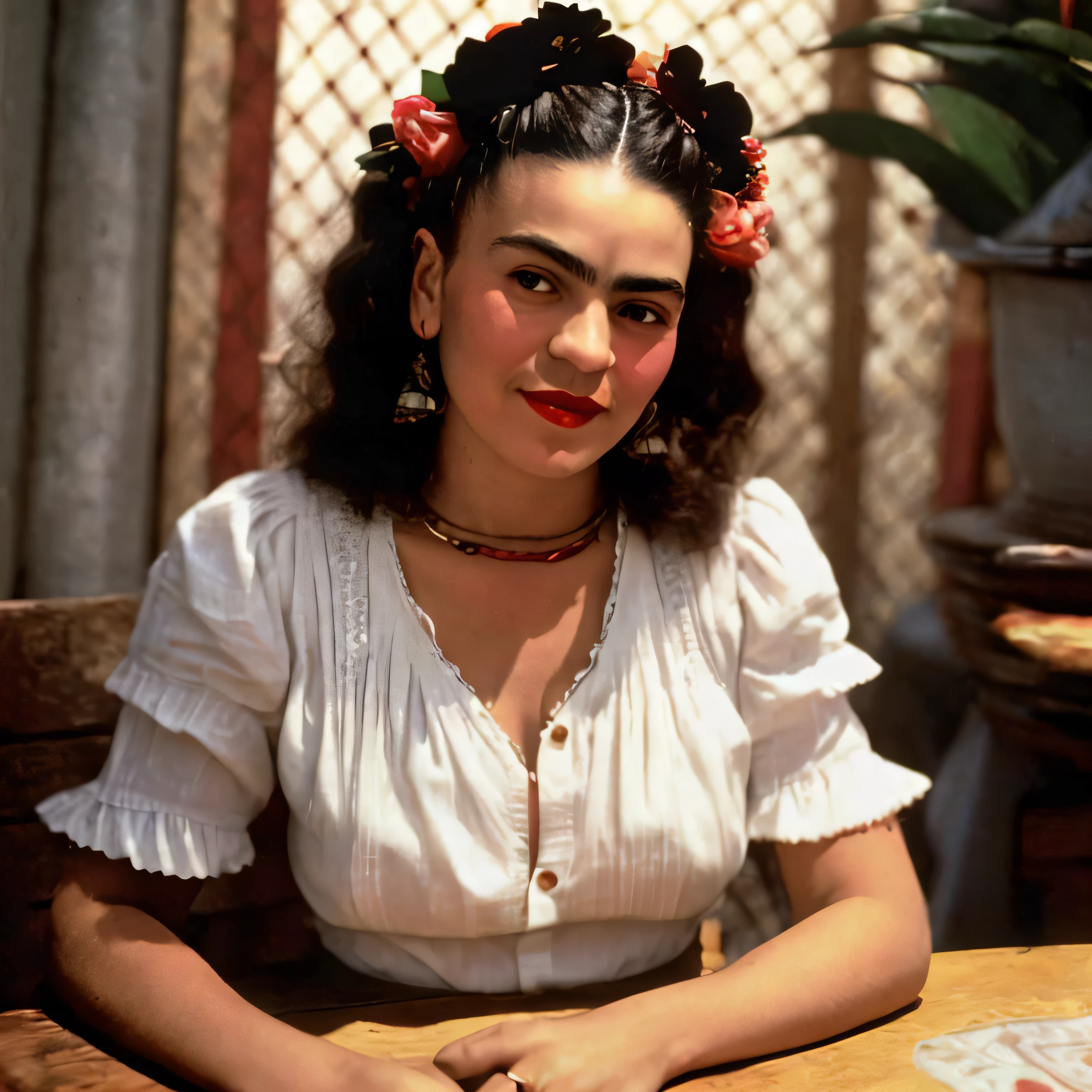 Photo of frida kahlo with red lipstick and white shirt sitting at the table, frida kahlo, Stunning art, beautiful art, sensual smile and perfect smile, facial simmetry, Portrait of frida kahlo, relaxed smile on her face, beautiful art, slight smile, very beautiful smile playful, beautiful lady, intense steam, seductive smile, frida kahlo, amazing art, Aninha Leibovitz --auto