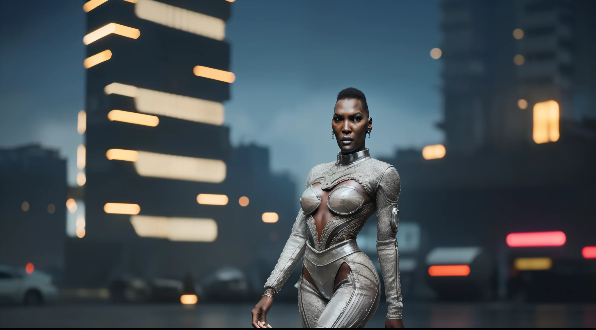 8k, ARTISTIC photography, best quality, masterpiece: 1.2), (realistic, photorealistic: 1.37), (((Grace Jones))) over-detailed, (high-detail skin: 1.2), 8k uhd, SLR camera, soft lighting, high quality, film grain, Arri Alexa, cinematic lighting, photonic display, brightness, physically rendered photo, Denis Villeneuve's Neuromancer, (80s style elegant Female villain in a Urban Streets), ( red neon sign background lights) ((no smile)), over-detailed face, (((African woman, Bald head )) (((Grace Jones))), cybernetics (( dressed futuristic Gortex tactical Harnest), ((( Silver clothes )), ((( intricate outfits))), posing, with Futuristic building (brutalism) , Anamorphic flares (((pure 8K))), (((perfect anatomy))), extremely high-quality graphics, Riddley Scott, Blade Runner, Denis Villeneuve cinematography (((cinematic lighting))), ((clear details)), complex, highly detailed background,