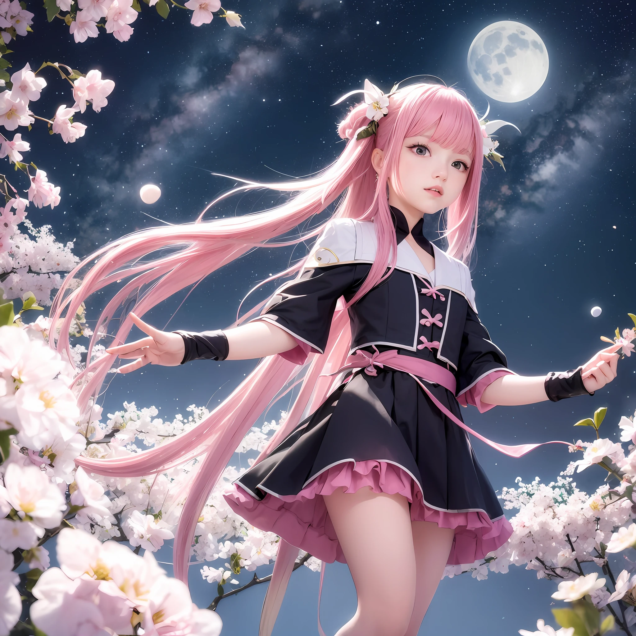 The upper part of the body、女の子1人、Pink hair、Twin-tailed、schools、Purple Eye、Piece It Piece、校服、daggers、Medium Breath、bow ribbon、wall-paper、Magic array background、 Japan anime-style odd eye spell, Create images of starry spring nights, Cherry blossoms falling under clear skies、I see the moon. Add some stars using screentones for magic effects.