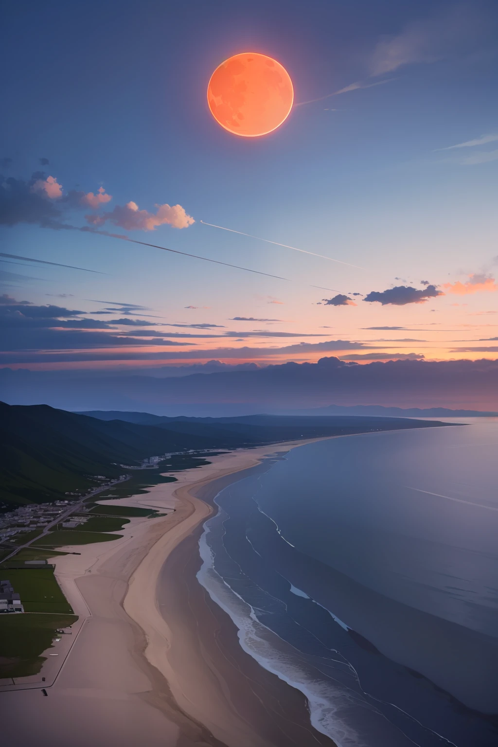 Close to the cliffs at right angles,Particularly round red moon,misterious,The gray sky is pure and cloudless,The picture color is clean,8K HD realism,