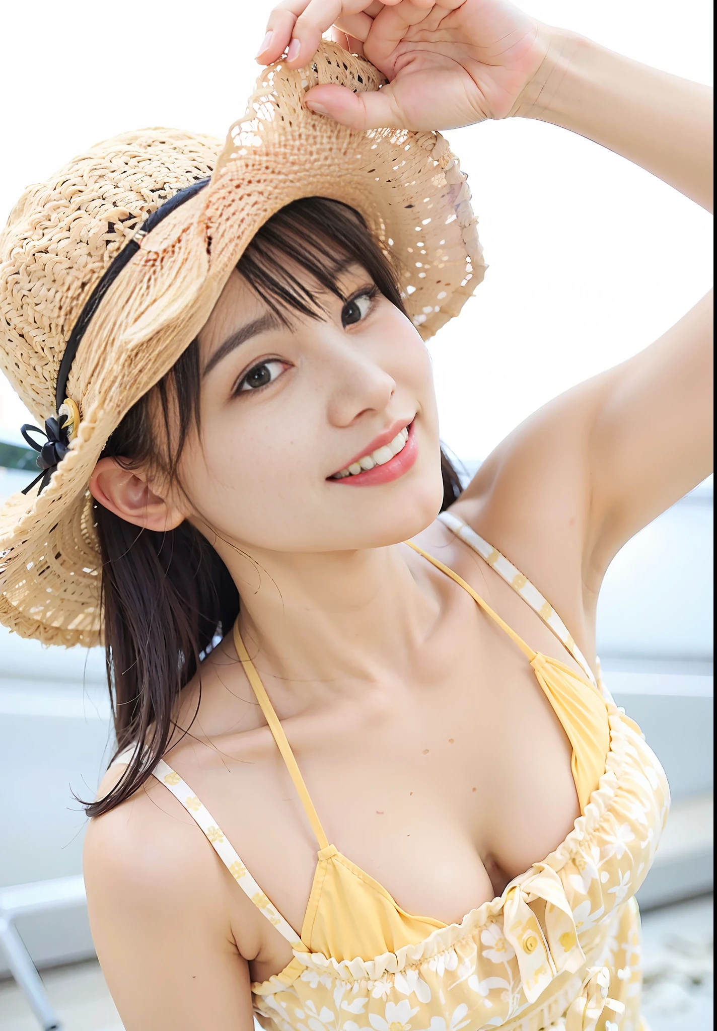 Alafe woman in yellow dress and straw hat on the beach, deayami kojima, with straw hat, Ayami Kojima Amano, Ai Yazawa, Young Pretty Gravure Idol, Ayaka, chiho, Shiori Teshirogi, Aoi Ogata, Chiho Aoshima, Young Gravure Idol, hanekawa tsubasa