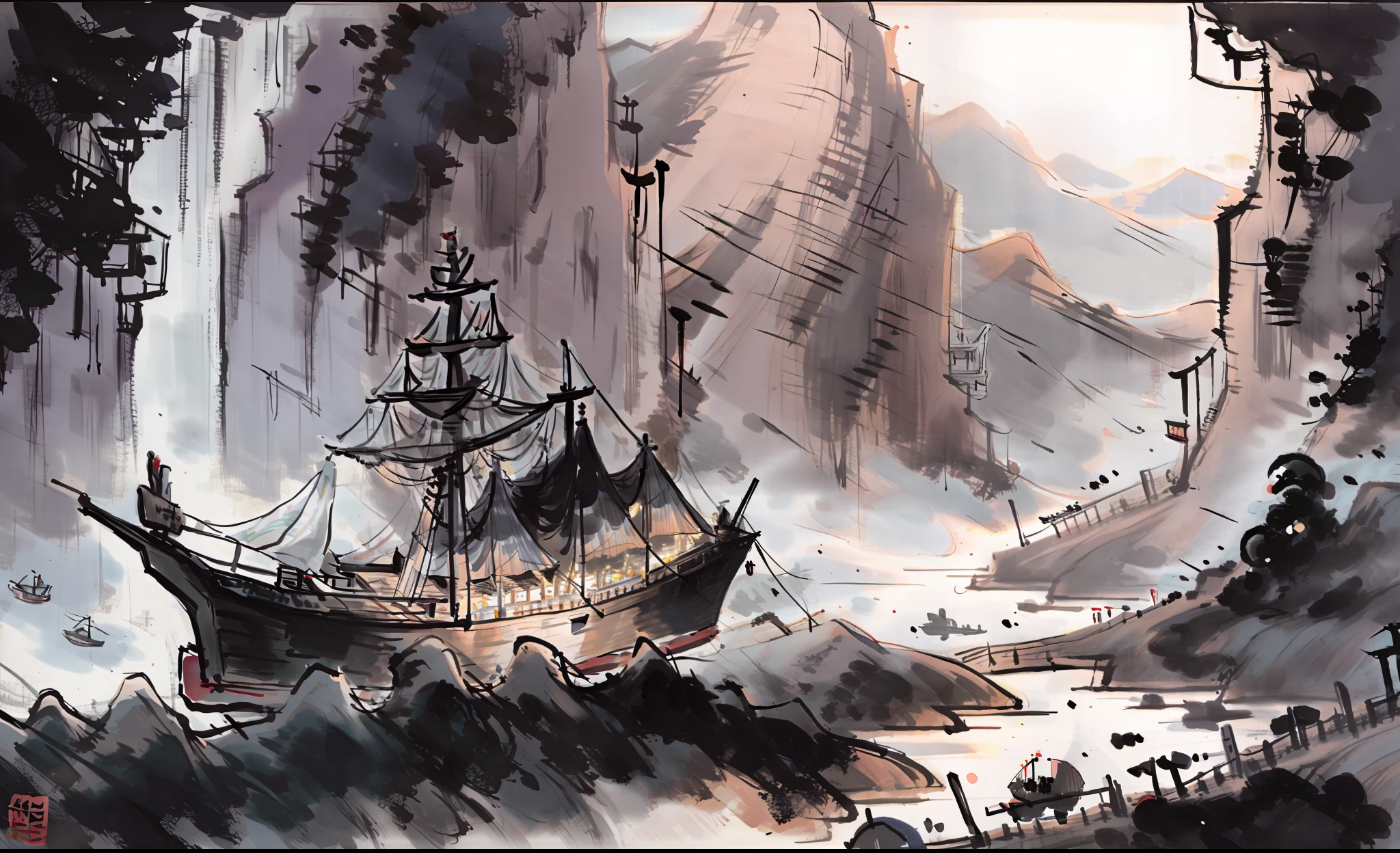 The apes on both sides of the strait could not stop crying，The light boat has crossed the Ten Thousand Heavy Mountains。