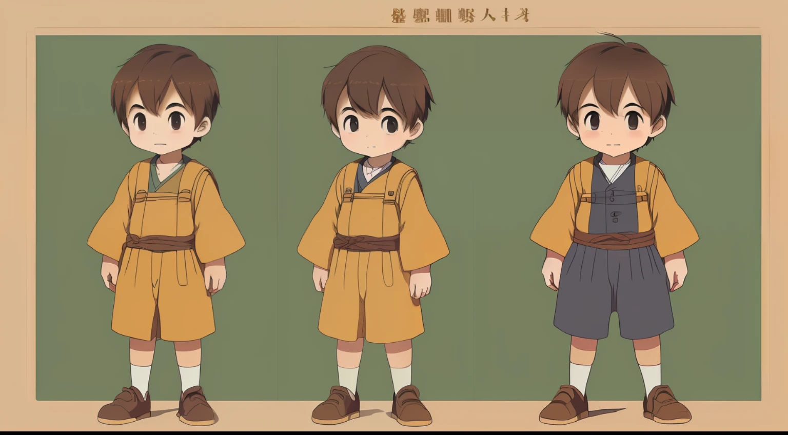 Momotaro, the boy of the old tale, is . Character sheet. Various poses and expressions. Ghibli style. Children's picture book.