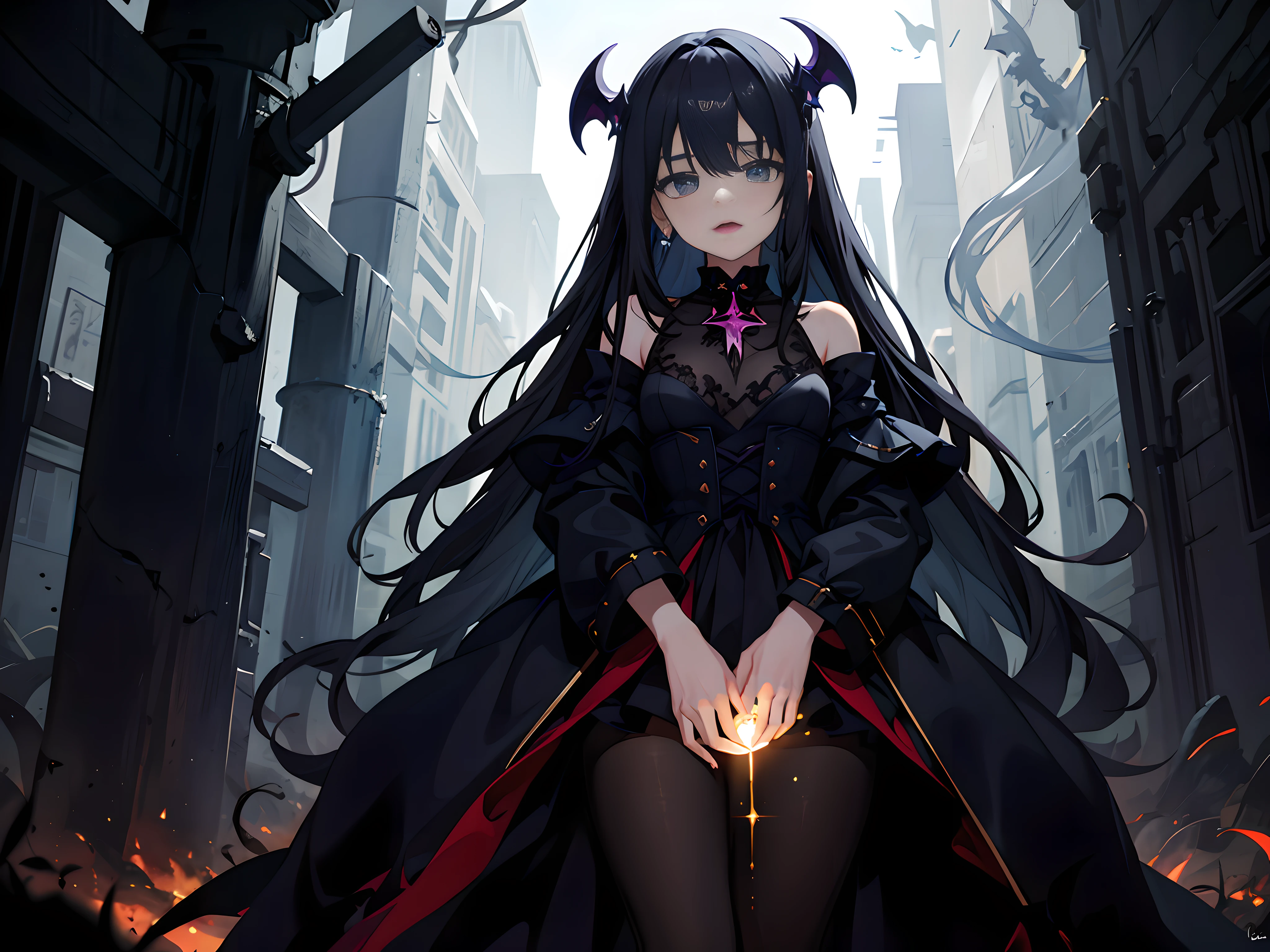 tmasterpiece, Best quality at best, tmasterpiece, (1girll), (LLCChar), evil sorceress, dark energy, The Void, vacant eyes, (Extremely evil), Dark magic, the dark forest, negaive energy, hell, The Void, As estrelas, Black hair,brightly