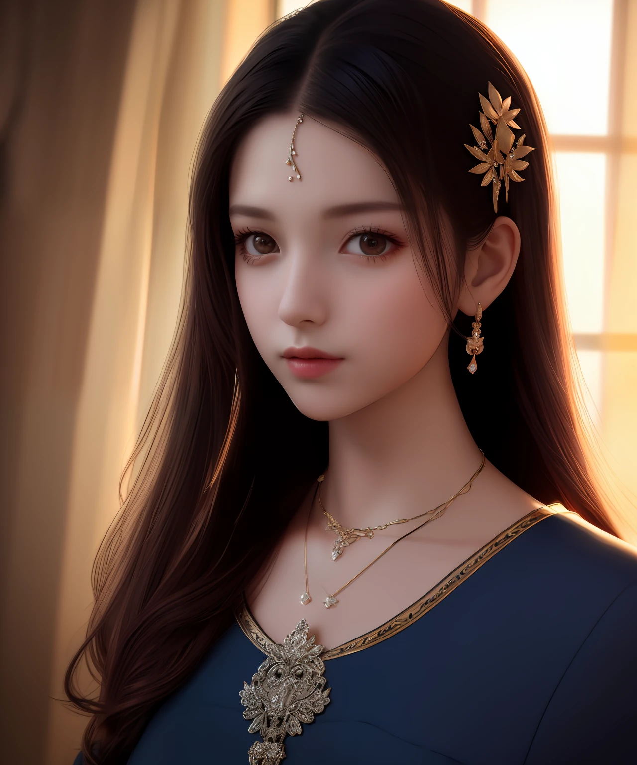 Best quality, masterpiece, high resolution, 1girl, porcelain dress, hair accessories, necklace, jewelry, beautiful face, on the body, Tyndall effect, realistic, dark studio, edge lighting, two-tone lighting, (high detail skin: 1.2), 8k UHD, dslr, soft light, high quality, volumetric light, candid, photo, high resolution, 4k, 8k, background blur,