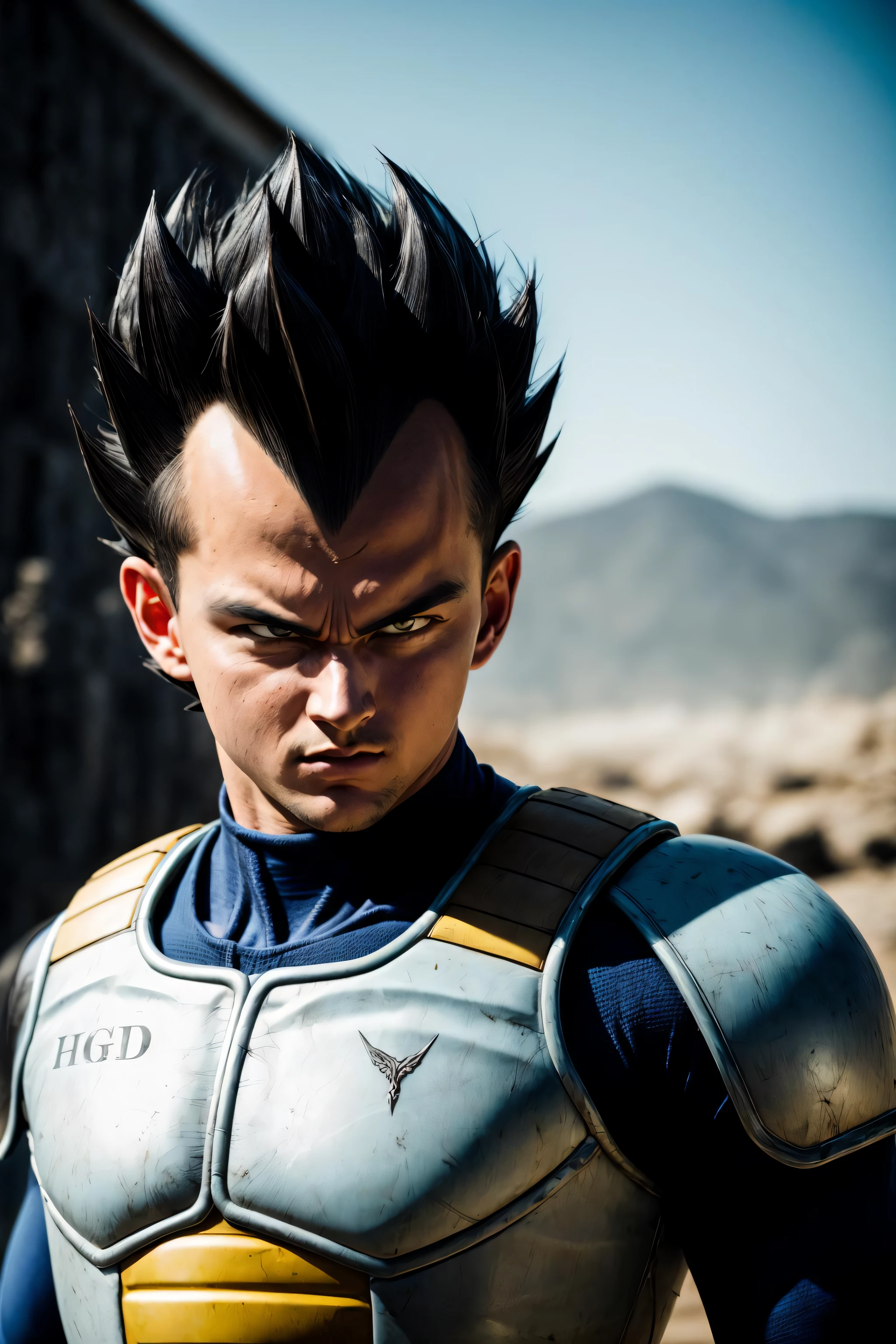 (high detailed skin:1.2), serious, looking at viewer, black spiked hair, black eyes, armor, white gloves, RAW photo,  vegeta, 1boy,  small details, photorealistic, ultra-realistic photo, 8k uhd, dslr, soft lighting, high quality, film grain, ((masterpiece)), 8k, HDR, highly detailed, professional