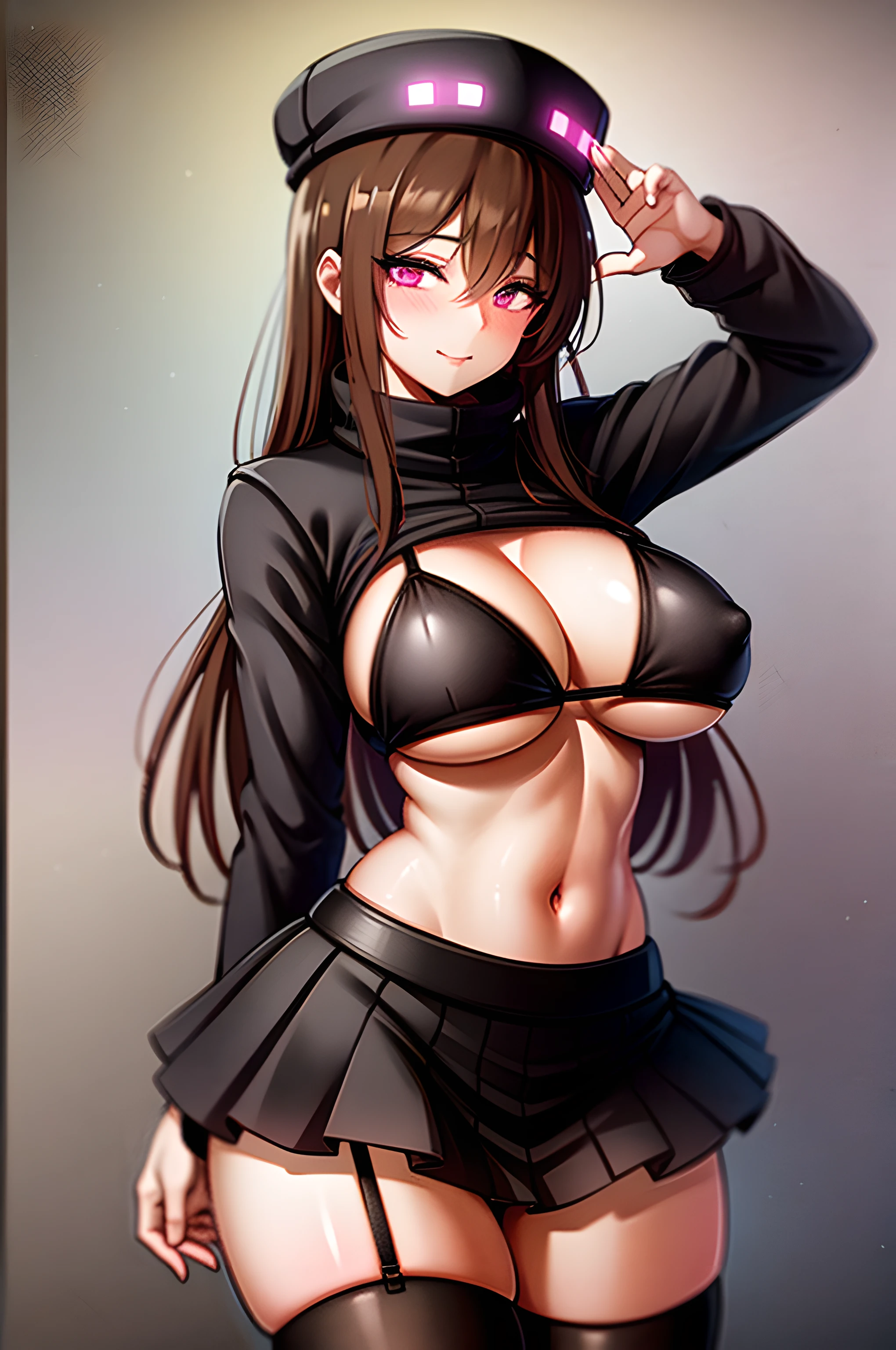 AndrMC, 1girl, black bikini, skirt, thighhighs, garter_straps, ender_hat, solo, big , wide hips, from the front