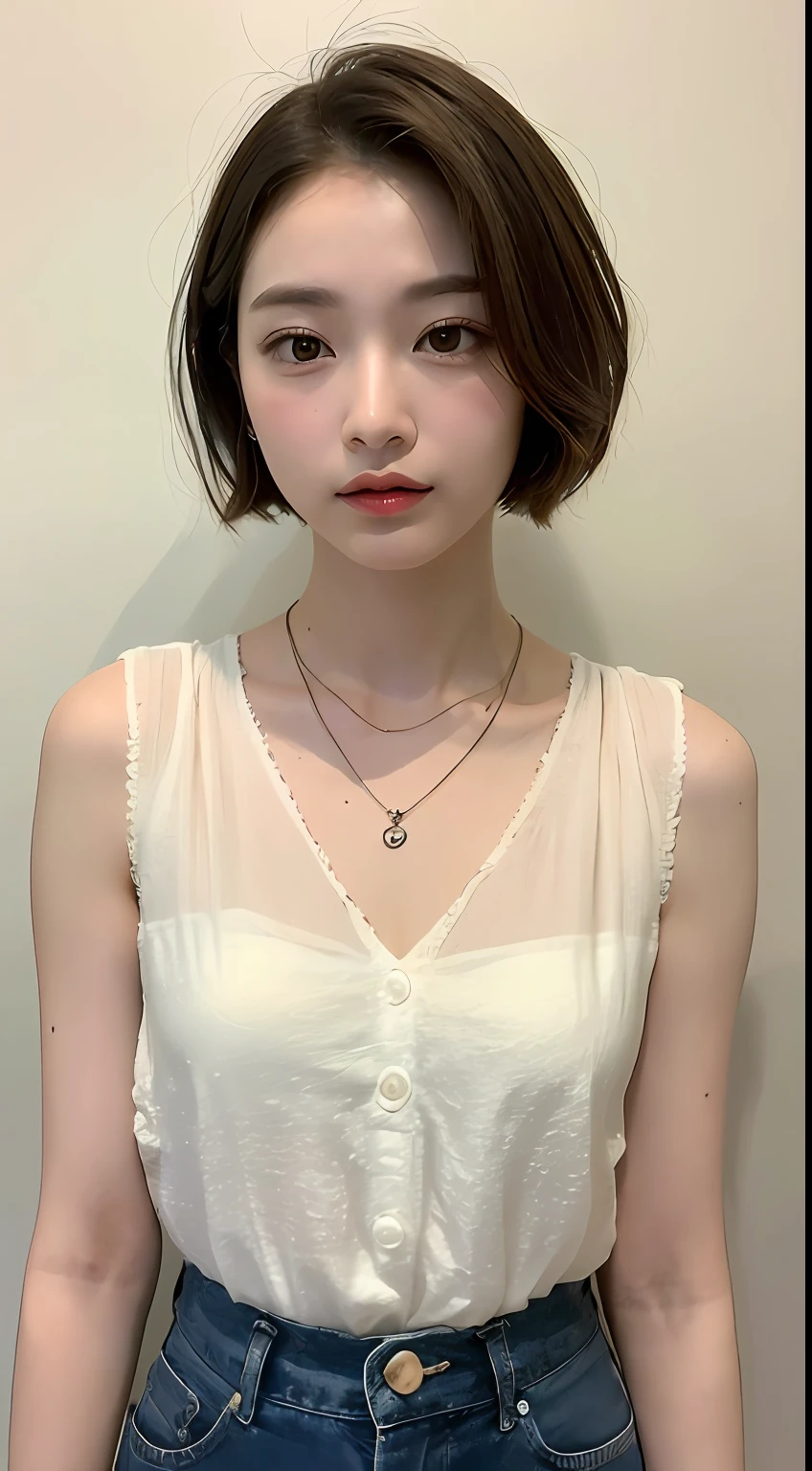 ((top-quality、masterpiece:1.3))、foco nítido:1.2、(realisitic、Photorealsitic:1.37)、perfect beautiful female、Highly detailed facial and skin texture、Detailed eyes and double eyelids、short cut hair、Petite bust、Small necklace、sleeveless shirts、shortpants、Cloudy coast、Quiet morning、