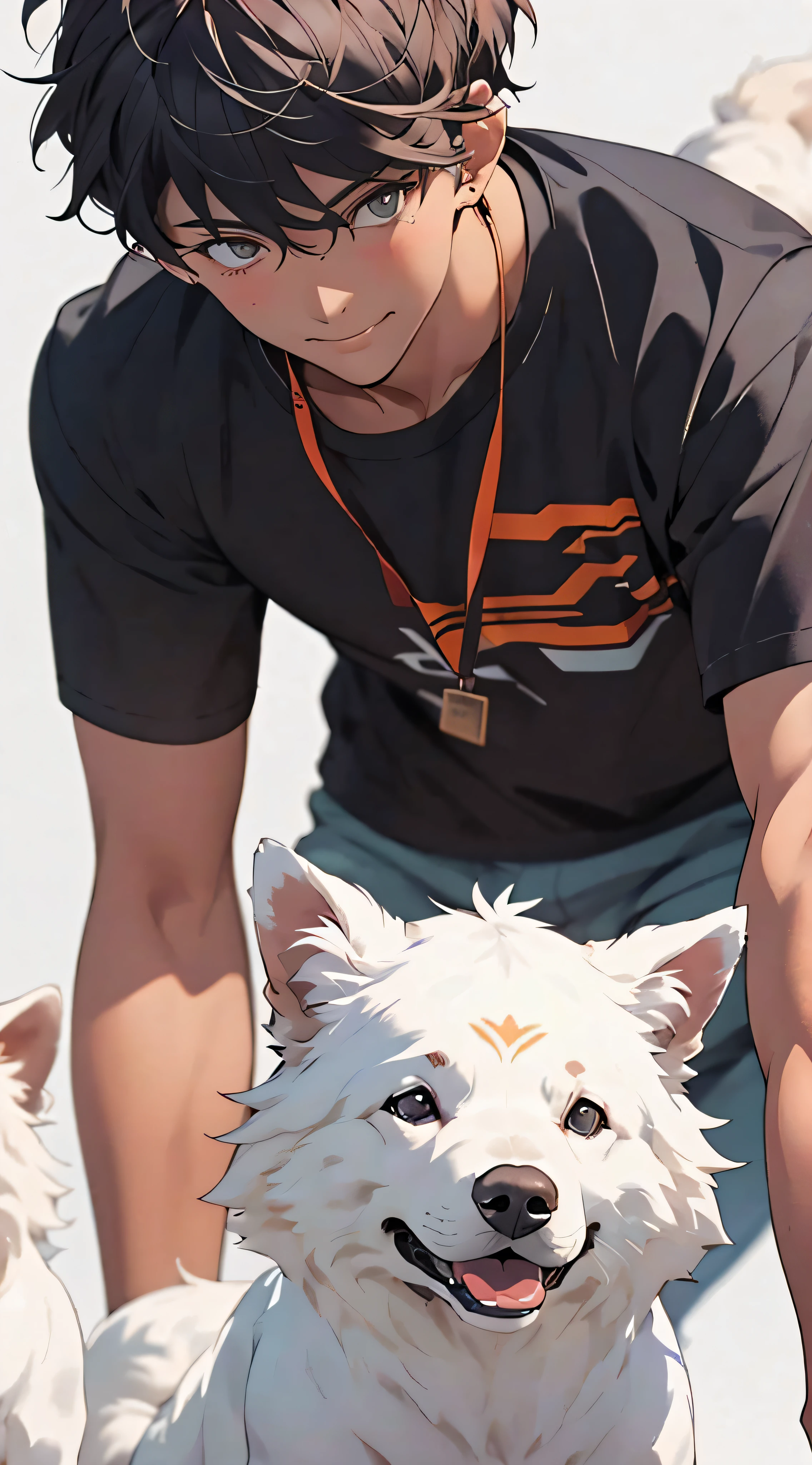 realisticlying，（tmasterpiece，top Quority，best qualtiy），3d，1boy，Pet dogs，looking to the camera，coloured background，ssmile，Black super short hair，Handsome man，white short sleeve