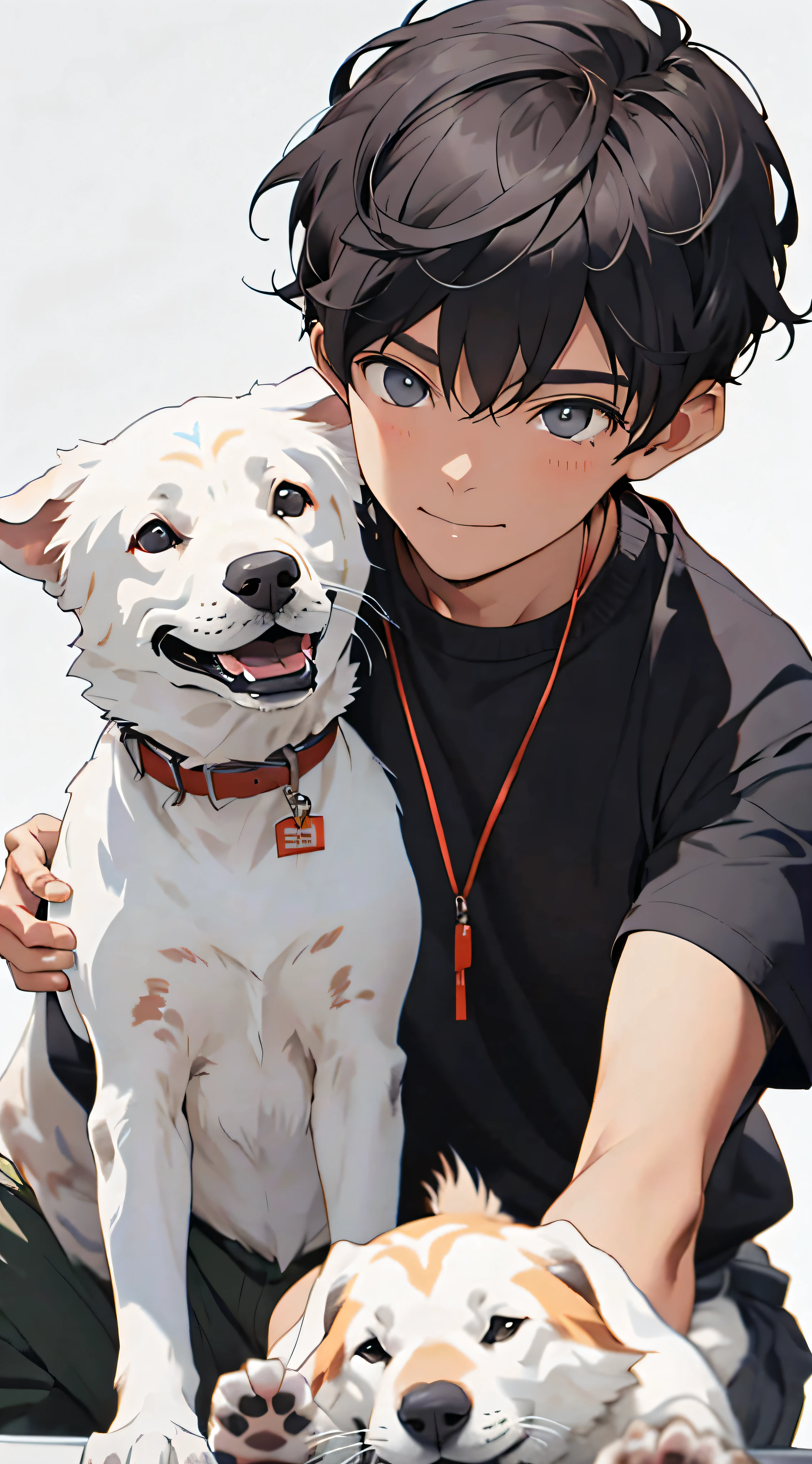 realisticlying，（tmasterpiece，top Quority，best qualtiy），1 boy，Pet dogs，looking to the camera，coloured background，ssmile，Black super short hair，Handsome man，white short sleeve