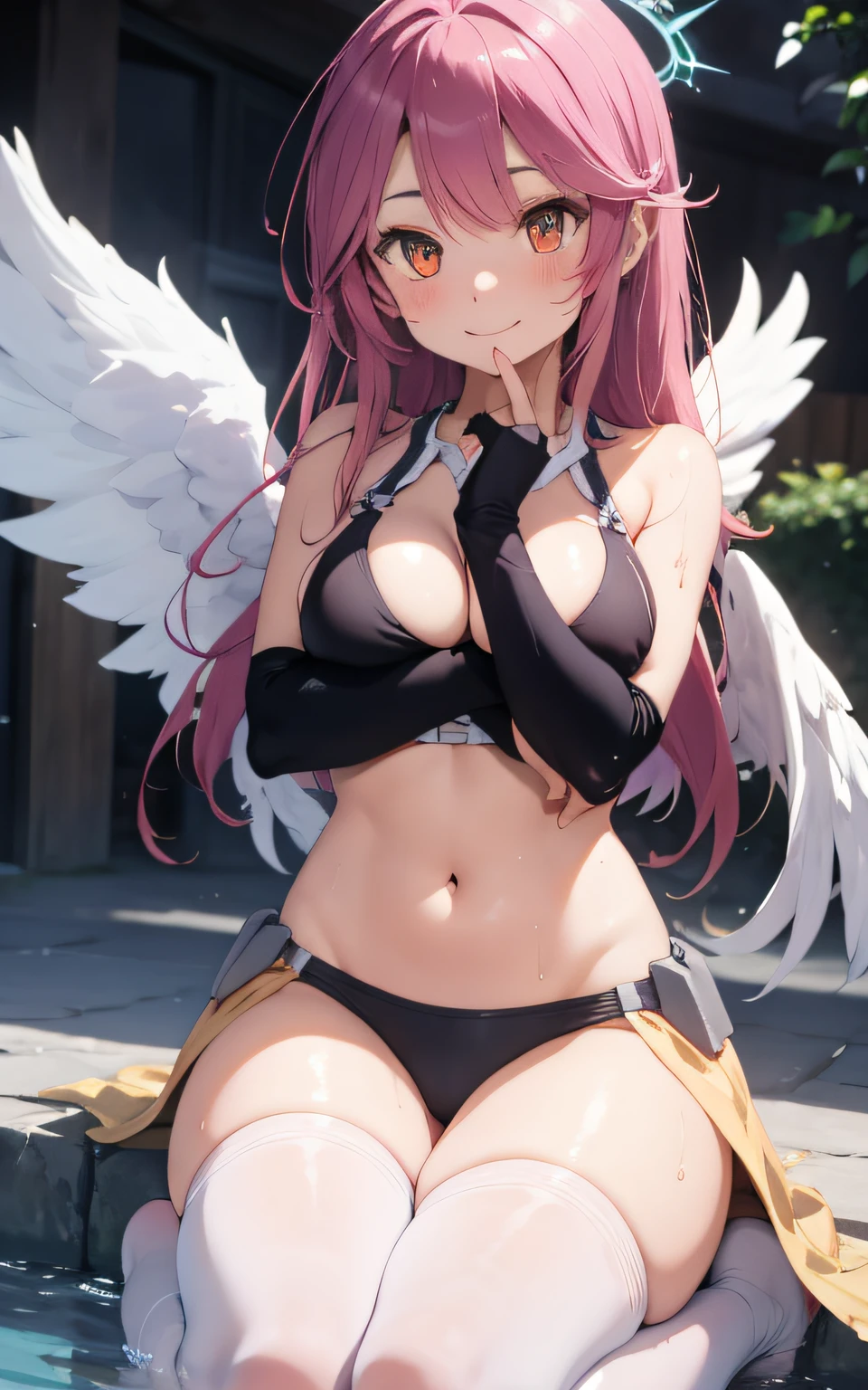 jibril \(no game no life\), solo, long hair, large chest, large breasts, sideboob, side boob, halo, pink hair, pink stocking, low wings, gloves, asymmetrical legwear, angel wings, very long hair, white wings, , feathered wings, orange eyes, shoes, multi-coloured eyes, thigh highs, crop top, cross, sitting, towel, cleavage, wet, wet clothes, wet crop top, water, blush, smile,