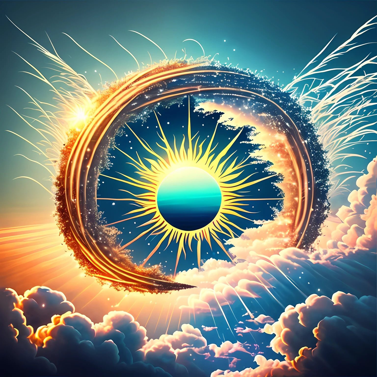 Criar uma imagem que destaque as Palavras "Mega Curioso do Brasil". In this logo I would like fireworks swirling in the midst of clouds with rays and intertwined with the sun --auto