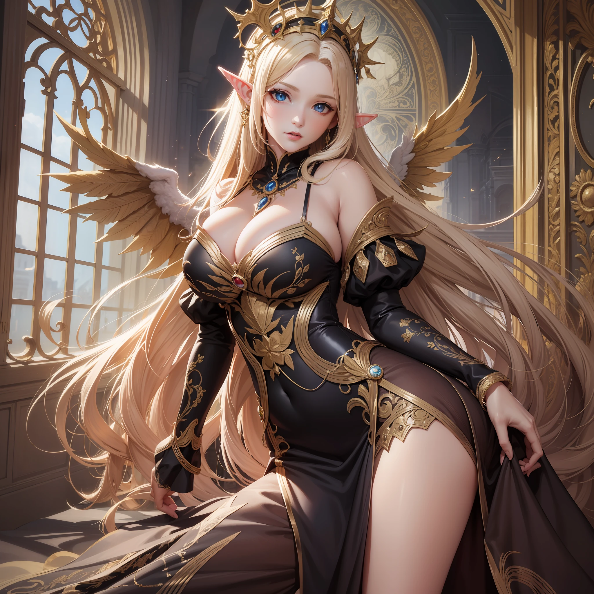 high resolution, highest quality, super high quality, super detail, ultra realistic, photorealistic, anime, illustration, fantasy, Northern Renaissance style, vampire, super intelligent beauty, mysterious, enchanting, sharp gold eyes, unkempt flowing layered long blonde hair, elf ears, huge breasts, perfect proportion, slender, full body, big wings, veil, gorgeous crimson dress with gold embroidery, background Northern Renaissance style, kaleidoscope, royal palace