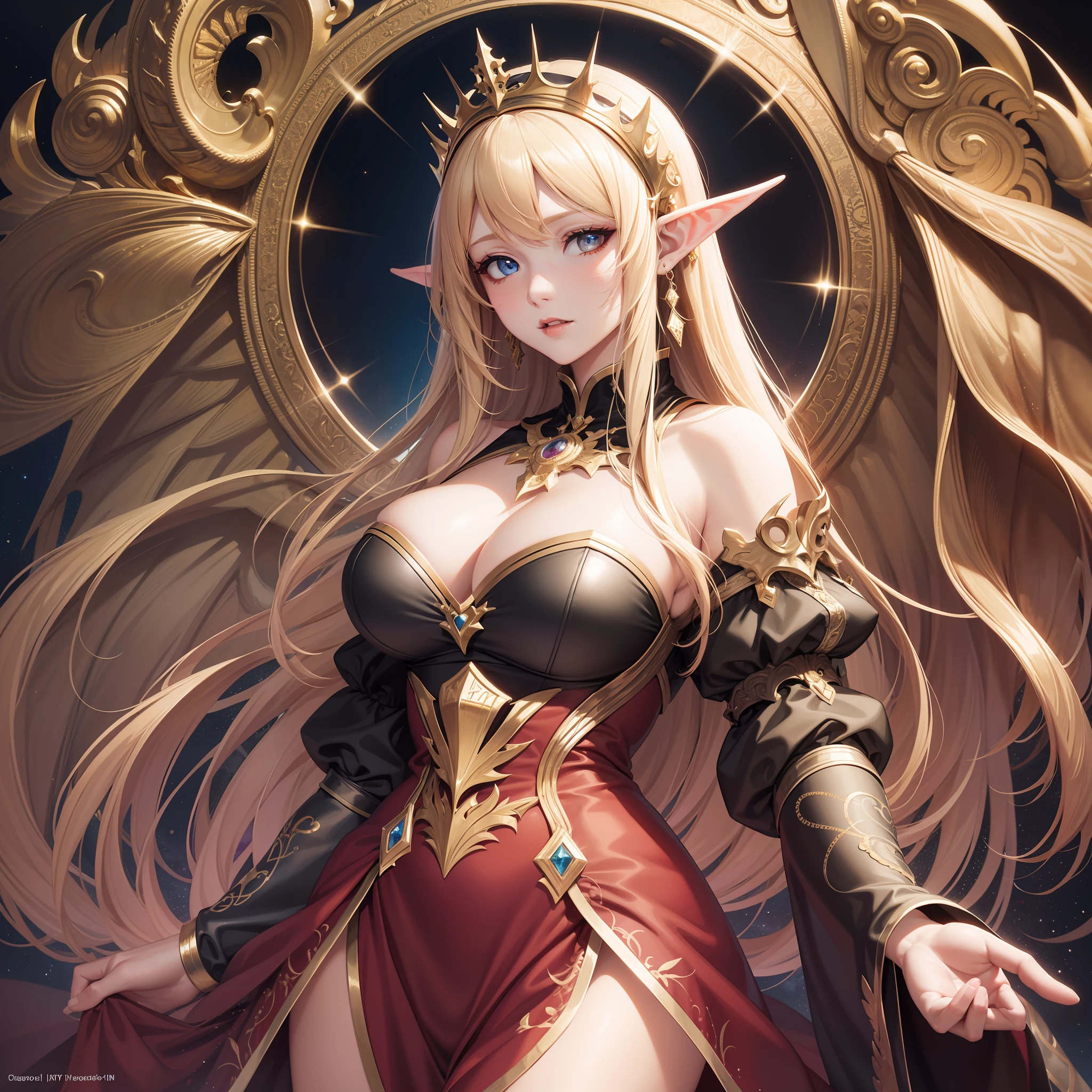 high resolution, highest quality, super high quality, super detail, ultra realistic, photorealistic, anime, illustration, fantasy, Northern Renaissance style, vampire, super intelligent beauty, mysterious, enchanting, sharp gold eyes, unkempt flowing layered long blonde hair, elf ears, huge breasts, perfect proportion, slender, full body, big wings, veil, gorgeous crimson dress with gold embroidery, background Northern Renaissance style, kaleidoscope, royal palace