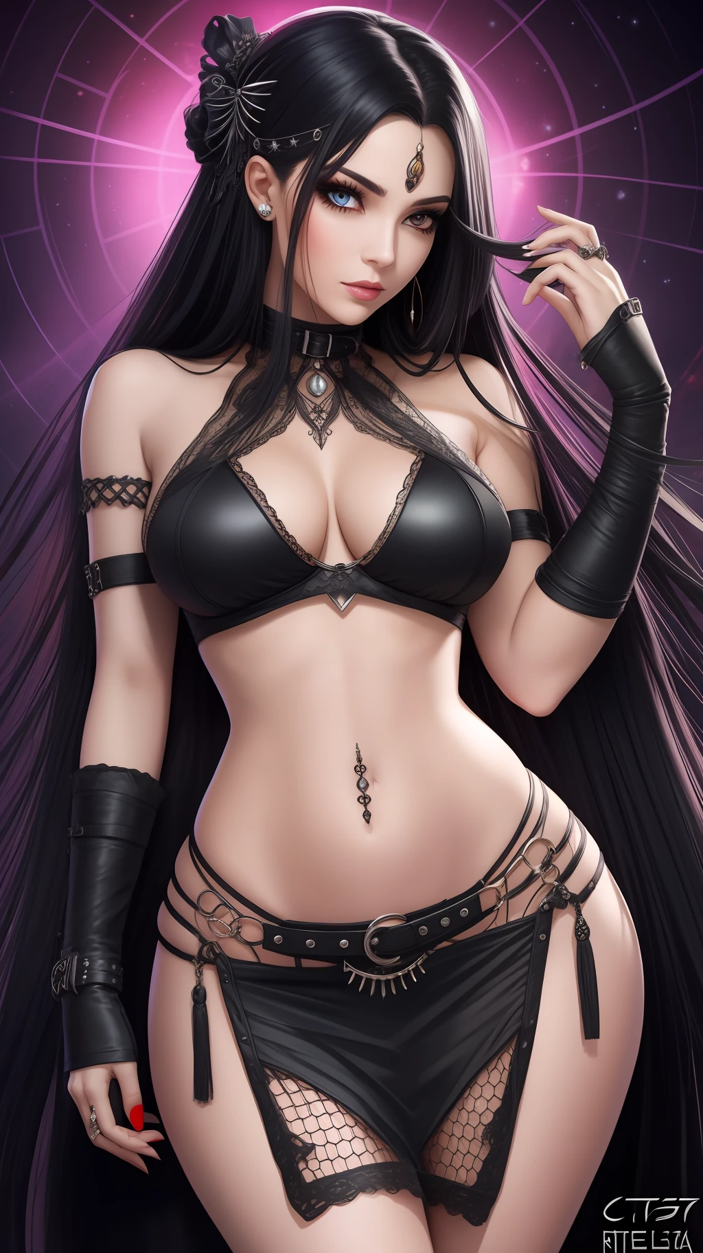 Uma mulher muito bonita,tentadora, sensual,with long black hair down to the waist, com olhos esverdeados escuros, com um vestido curto,decotado,provocante, revelador,violeta, estilo steelpunk, com o cenario futurista