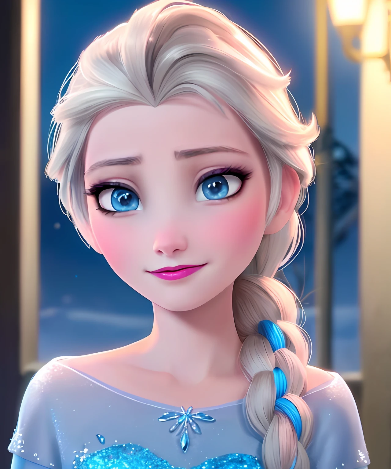 (Obra maestra:1.4), (Mejor calidad:1.4), (High resolution:1.4), (noche:1.2), (retrato:1.2), Elsa de Arendelle, vestido azul hielo, (single braid:1.1) ,single braid, Estilo disney, animacion disney, pelicula disney, ,fotografia profesional, close mouth, boca cerrada, ligera sonrisa