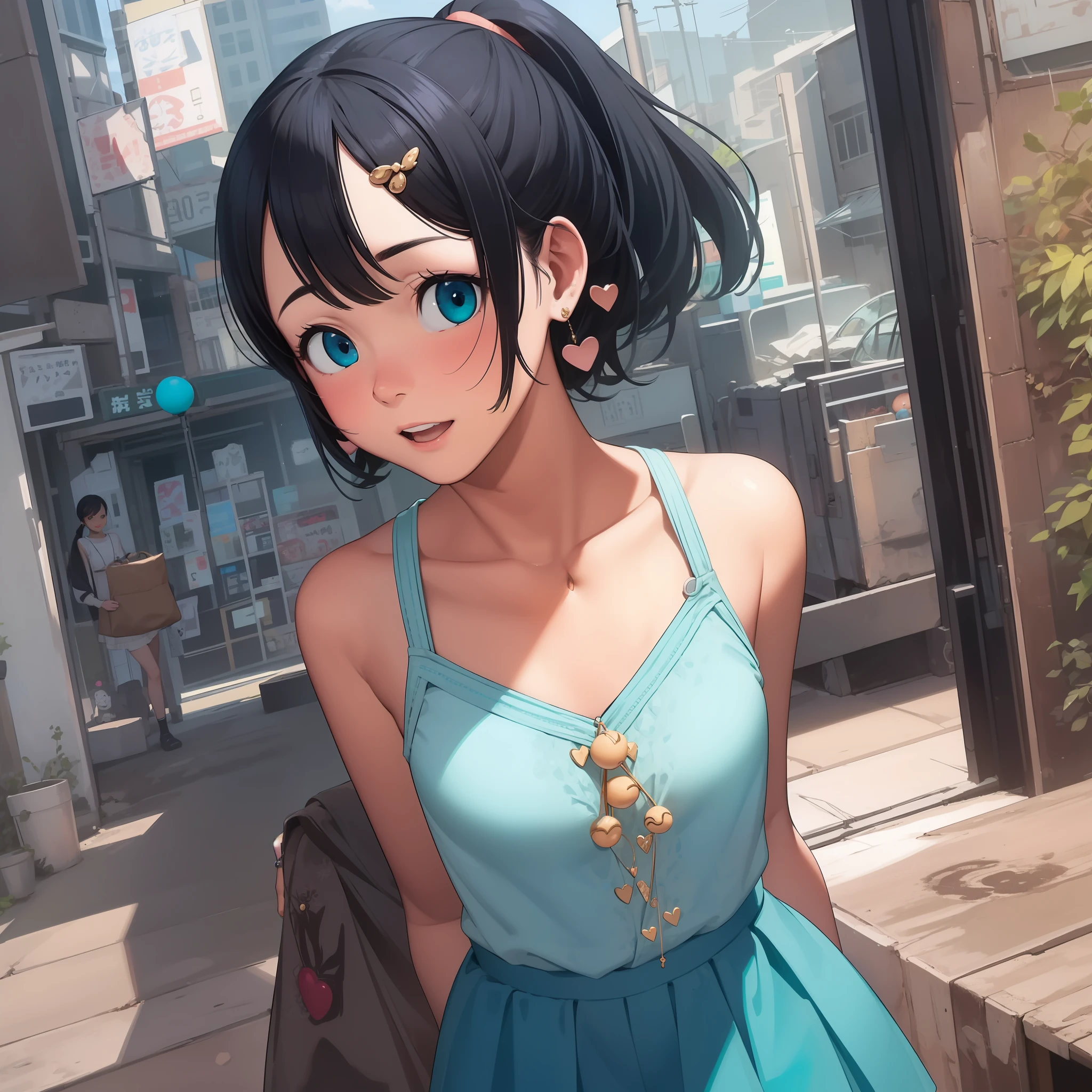 gender：woman
hairdo：ponytail
Hair color：blue
Eye shape and size：Cute round eyes
Eye color：Aqua Blue
Skin color：peach
Dress：Casual jumper skirt
figure：slender slim figure
Distinctive accessories and marks：Heart Earrings
Costume color：light blue
Style：Pop and cute design