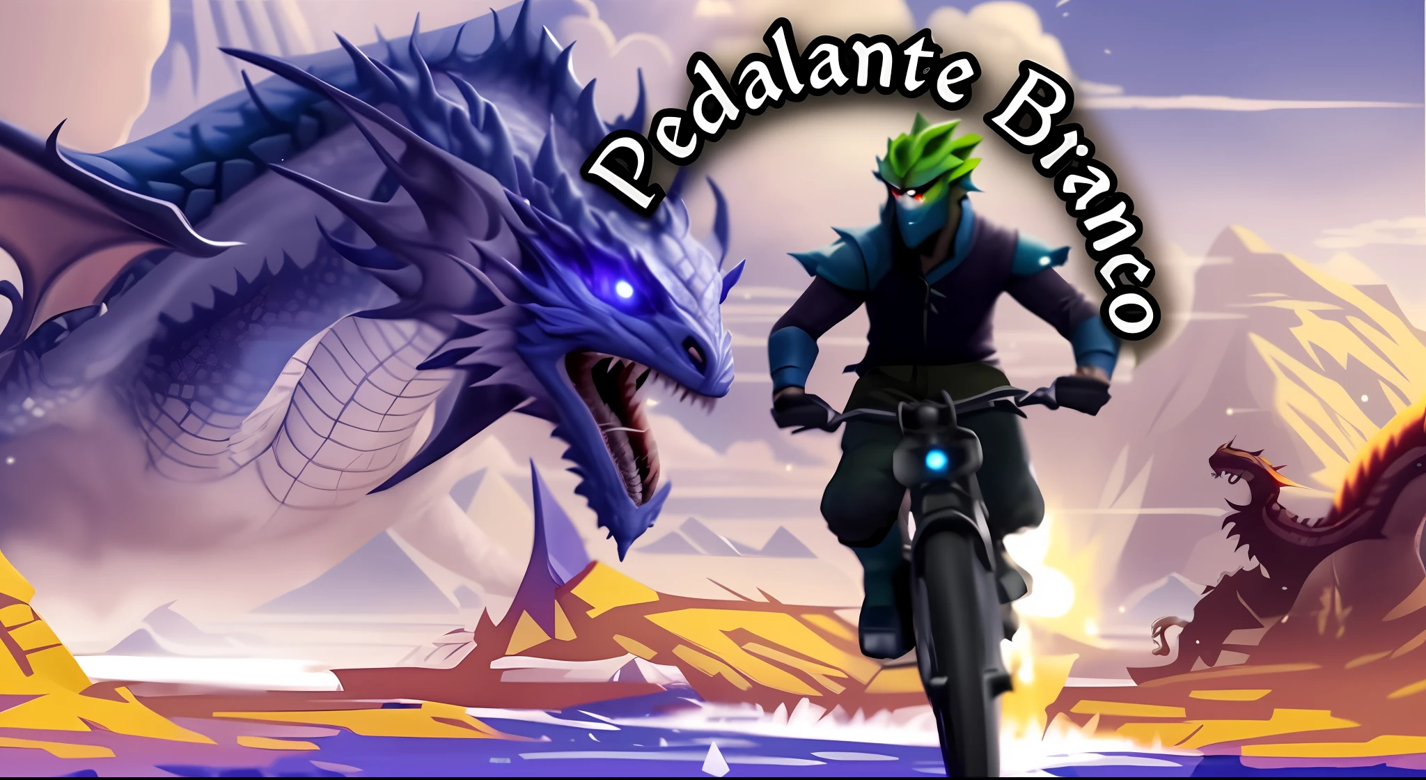 A closeup of a person riding a bicycle with a dragon on his back, dragon rider, battle with dragon, imagem do avatar, fat dragon with rider, fantasia realista intrincada, Riding a dragon, ultraterrestrial dragons, Fight the dragon, Directed by: Pedro Pedraja, Estilo Pteranadon, logotipo do jogo, vegetal dragon cyborg, flying mythical beasts