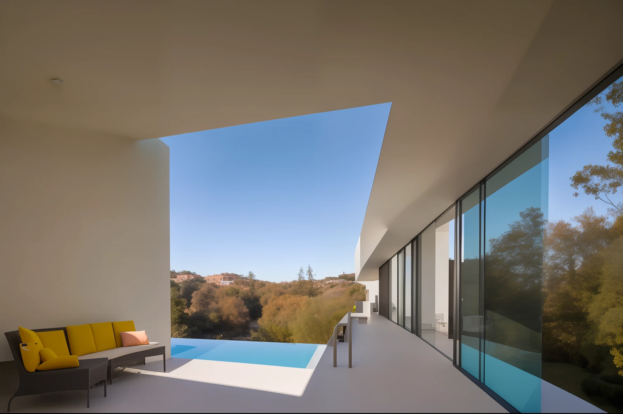 dvArchInteriorEstilo moderno,( Sala Ampla), mesa de centro, Balcony door facing pool window , detalhes sutis, 24mm, f1.8, sombras, sunset lighting, grande angular, fotografia de arquitetura premiada, luz difusa, luz suave