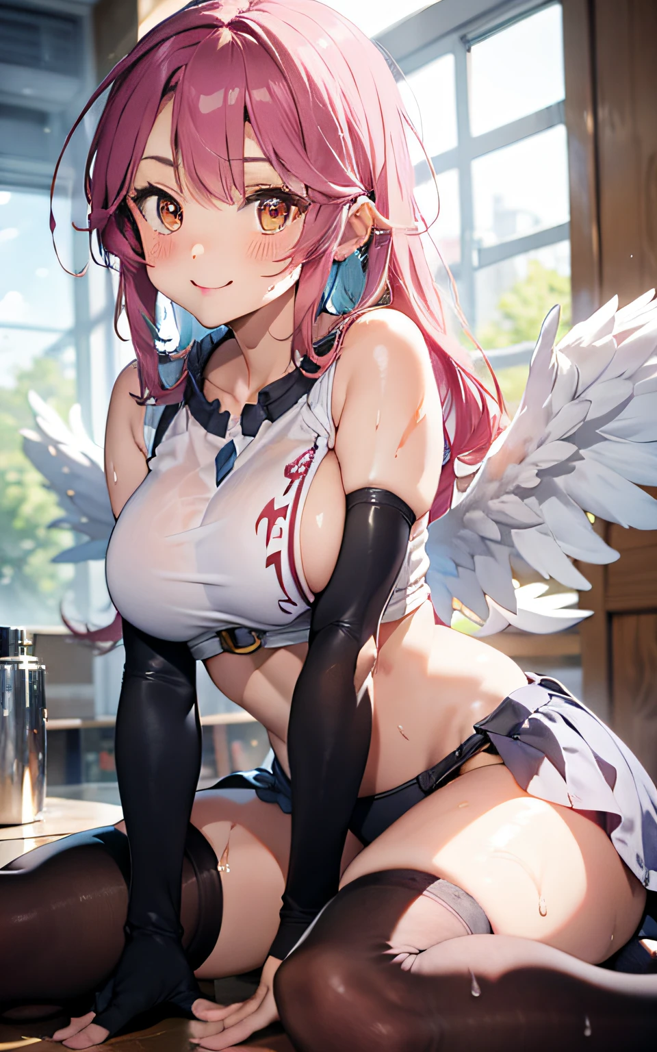 jibril \(no game no life\), solo, long hair, large chest, large breasts, sideboob, side boob, halo, pink hair, pink stocking, low wings, gloves, asymmetrical legwear, angel wings, very long hair, white wings, , feathered wings, orange eyes, shoes, multi-coloured eyes, thigh highs, crop top, cross, sitting, towel, cleavage, wet, wet clothes, wet crop top, water, blush, smile,