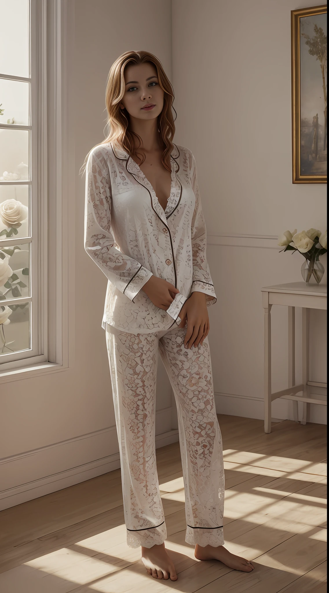A russian gril surrounded by white roses, and the sunlight is streaming through the window, creating a warm and inviting atmosphere. She is wearing unbuttoned pajamas, lace panties, large berast, realistic, best quality, photo-realistic 8k, (best quality:1.1), masterpiece, (realistic:1.1), photo-realistic