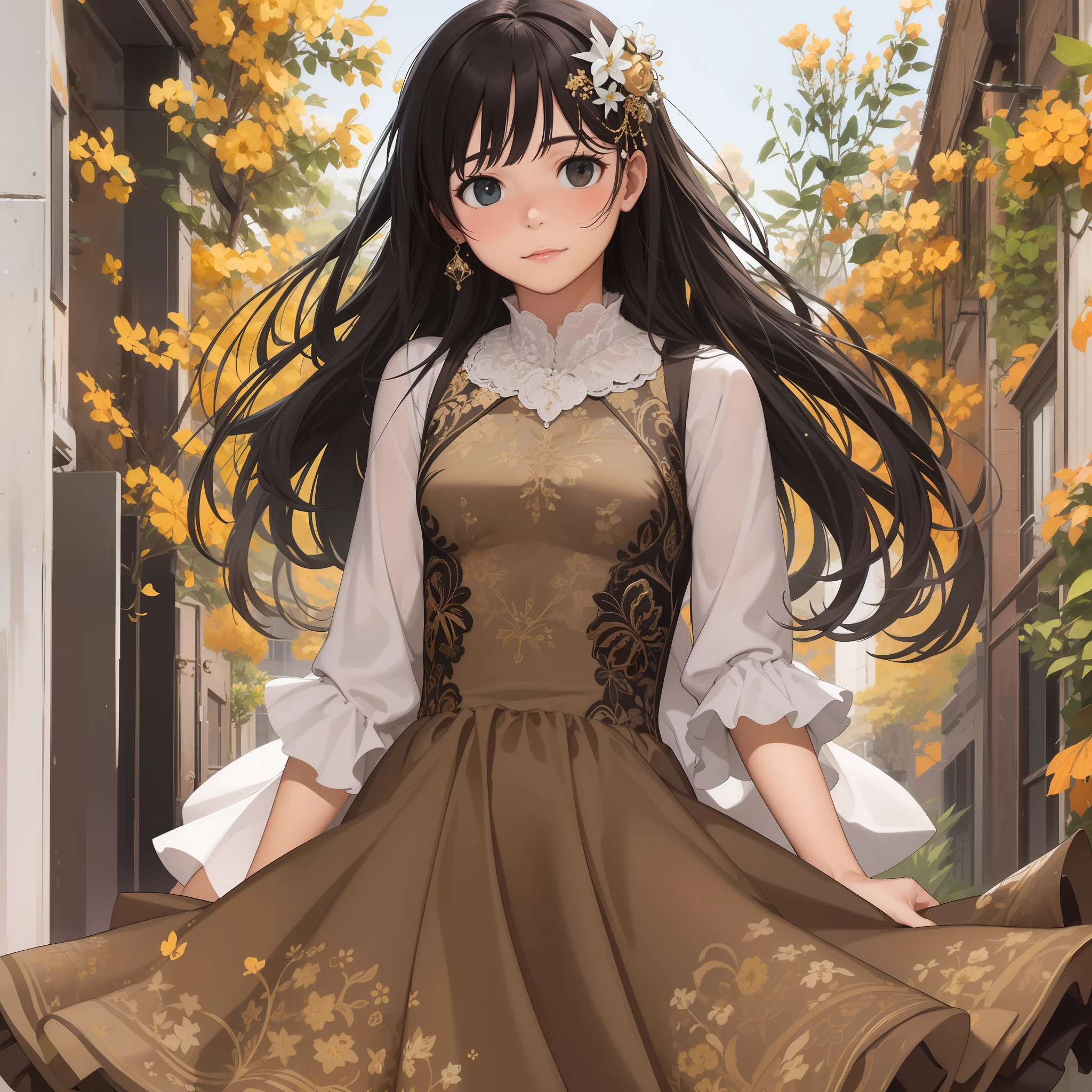 white background,  gender：woman
hairdo：Long Straight
Hair color：Golden brown
Eye shape and size：Crisp eyes
Eye color：brown
Skin color：olive
Dress：Feminine ruffled blouses and skirts
figure：Moderately feminine figure
Distinctive accessories and marks：Floral hair ornament
Costume color：beige
Style：Elegant and pretty design