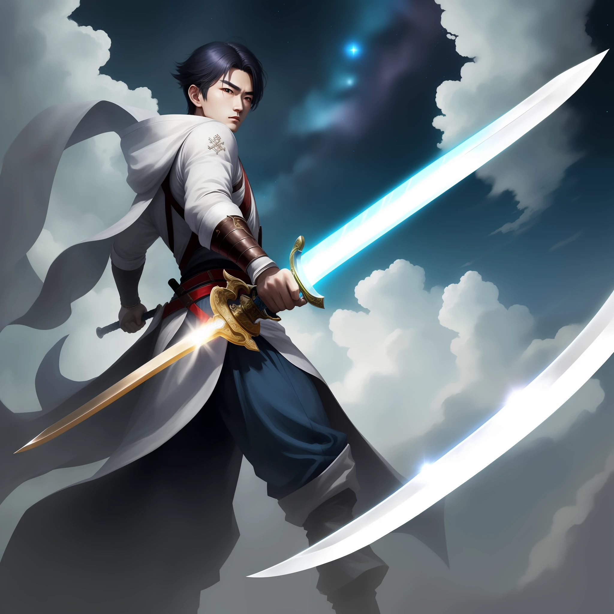 Flying boys，The white-clothed Shengxue eyebrows were enchanting, and the sword was in his heart, holding a long sword and staring at the heavens