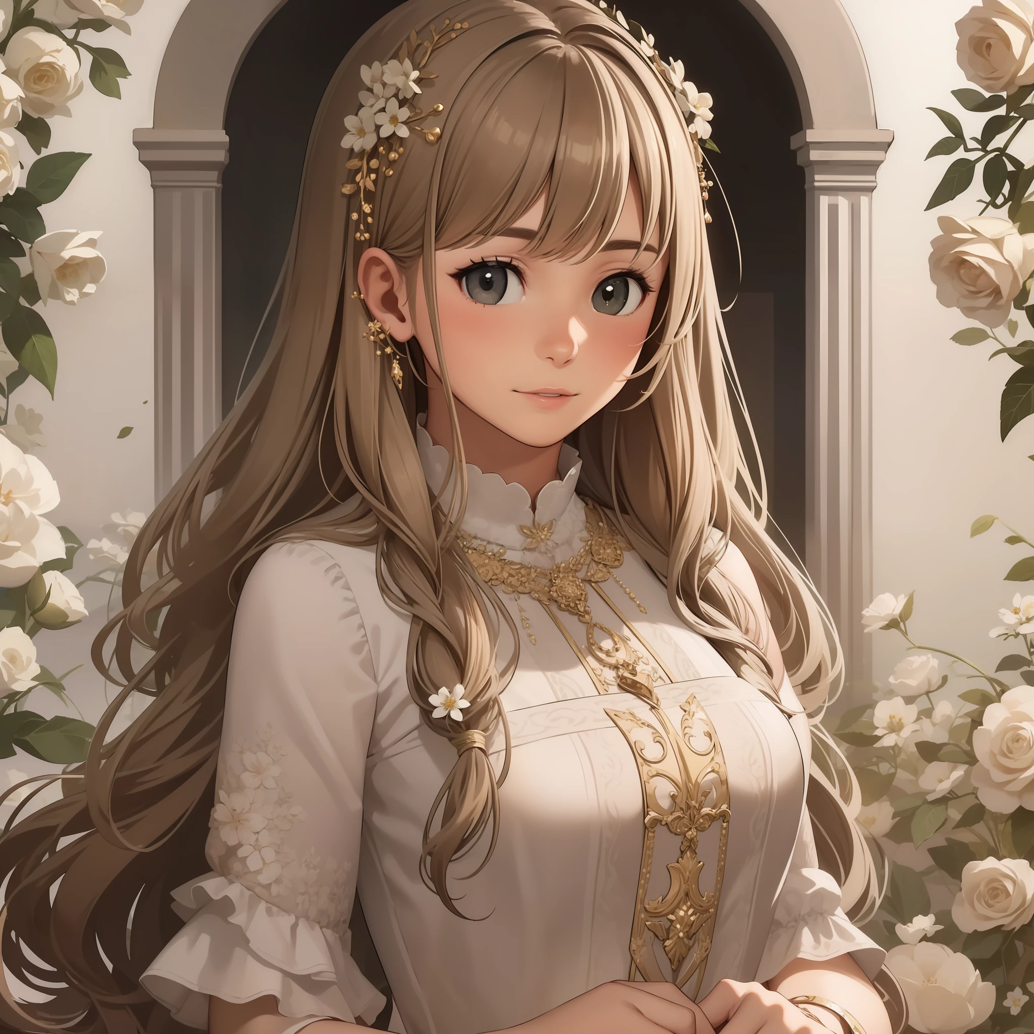 white background, gender:woman
hairdo:Long Straight
Hair color:Golden brown
Eye shape and size:Crisp eyes
Eye color:brown
Skin color:olive
Dress:Feminine ruffled blouses and skirts
figure:Moderately feminine figure
Distinctive accessories and marks:Floral hair ornament
Costume color:beige
Style:Elegant and pretty design