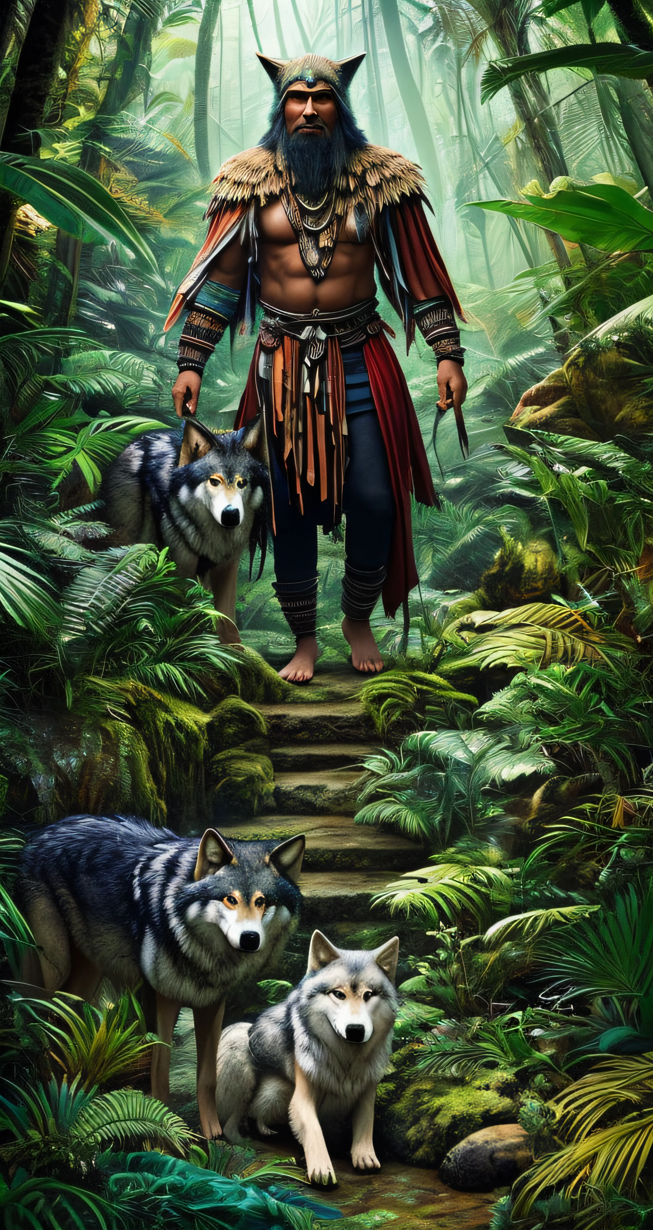 Shaman man and his wolf,  mystic, floral borders, jungles, photorealistic , detailed --auto