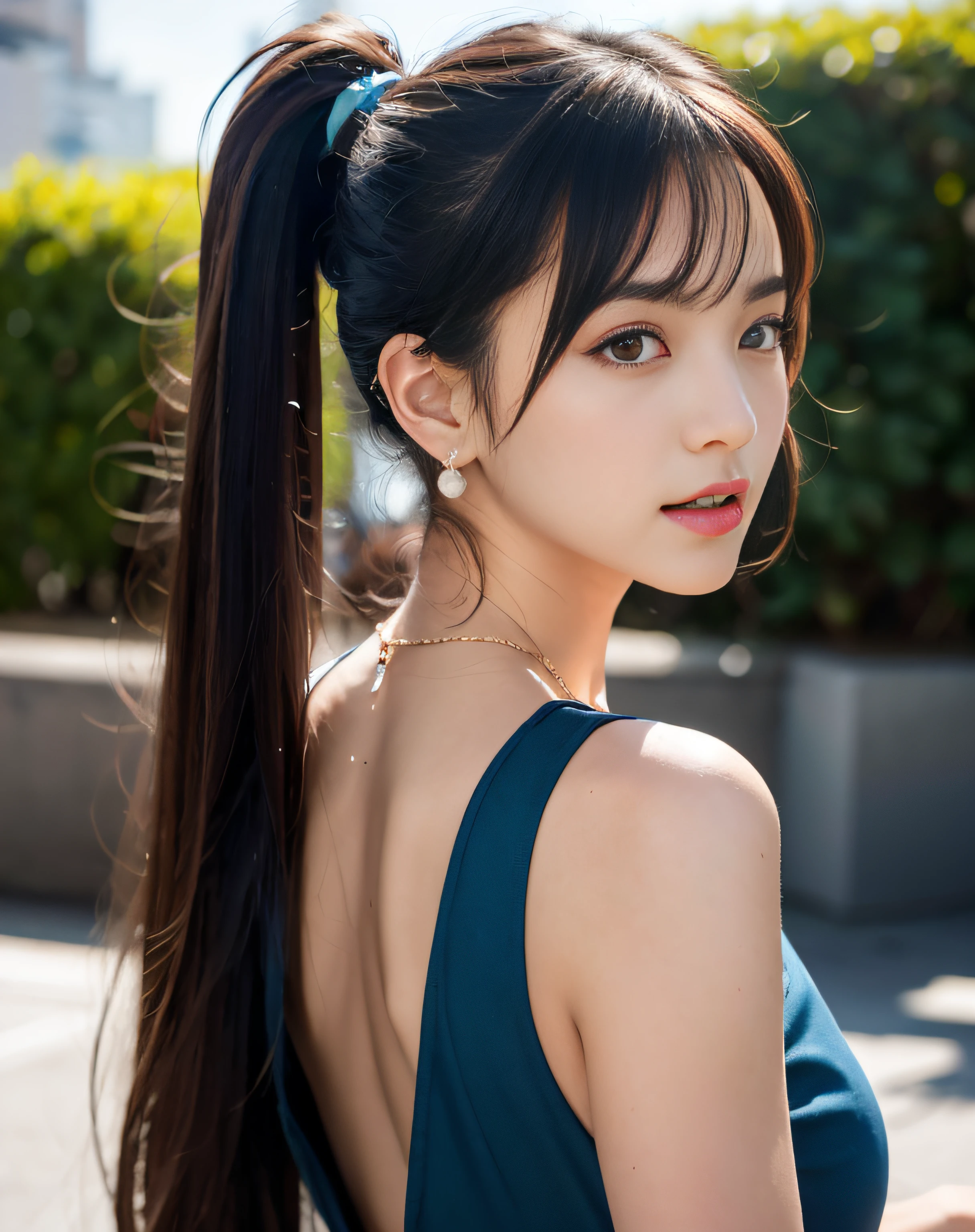 1girl, backlighting, bangs, bare shoulders, blonde hair, blue dress, blue eyes, crescent, crescent facial mark, double bun, dress, earrings, facial mark, fashi-g, floating hair, forehead mark, from behind, hagoromo, hair bun, hair ornament, jewelry, lips, long hair, looking at viewer, looking back, necklace, off shoulder, parted lips, petals, sailor moon, see-through, shawl, solo, tsukino usagi, twintails, very long hair, close-up