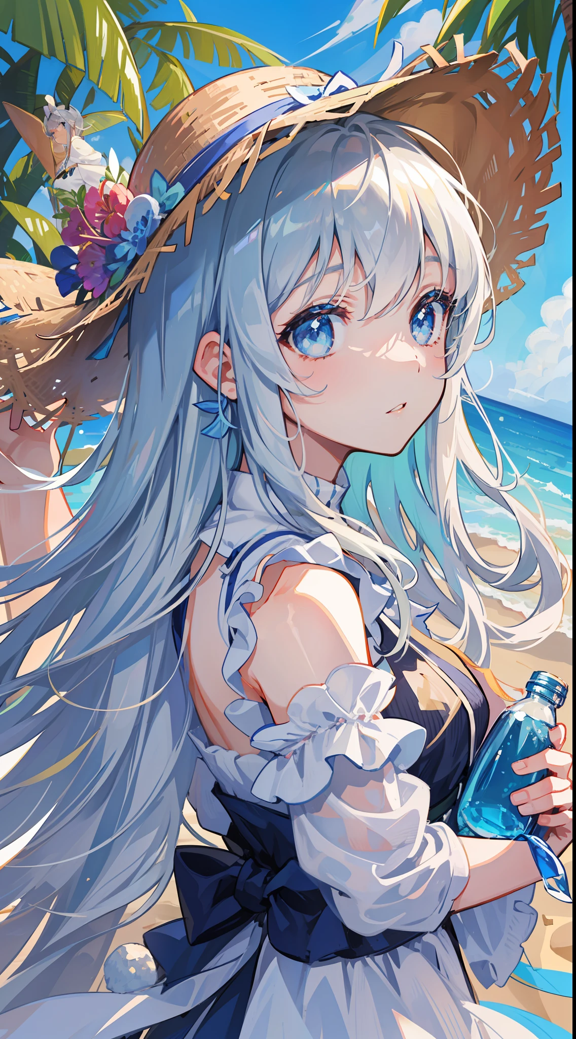 Become a woman。Female with rabbit ears。Silver-haired long-haired woman。Woman with light blue eyes。Woman in straw hat、I'm on the beach。I am holding my hat with my right hand.。The left hand holds a plastic bottle。It is an anime-style illustration。It is beautiful with the highest image quality。