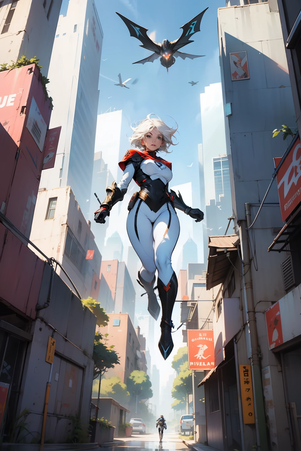 DC comics Power girl in sleek white iridescent armor flies through middle of 4000 ft skyscrapers in futuristic city