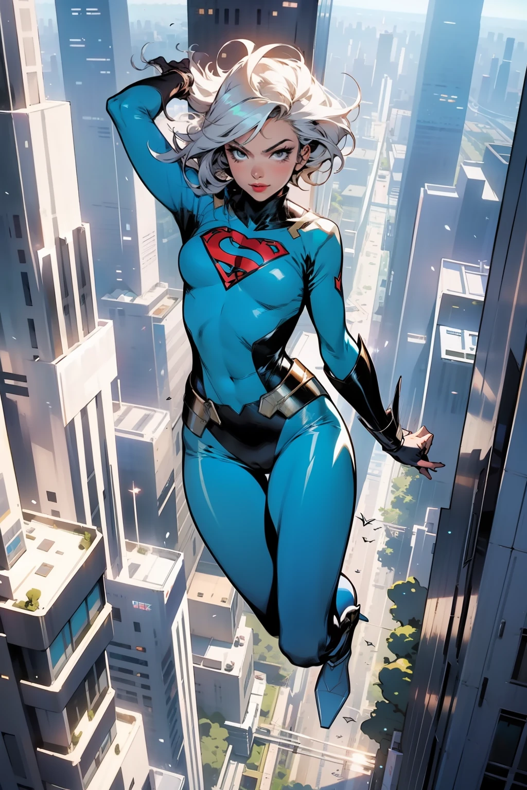 DC comics Power girl in sleek white iridescent armor flies through middle of 4000 ft skyscrapers in futuristic city