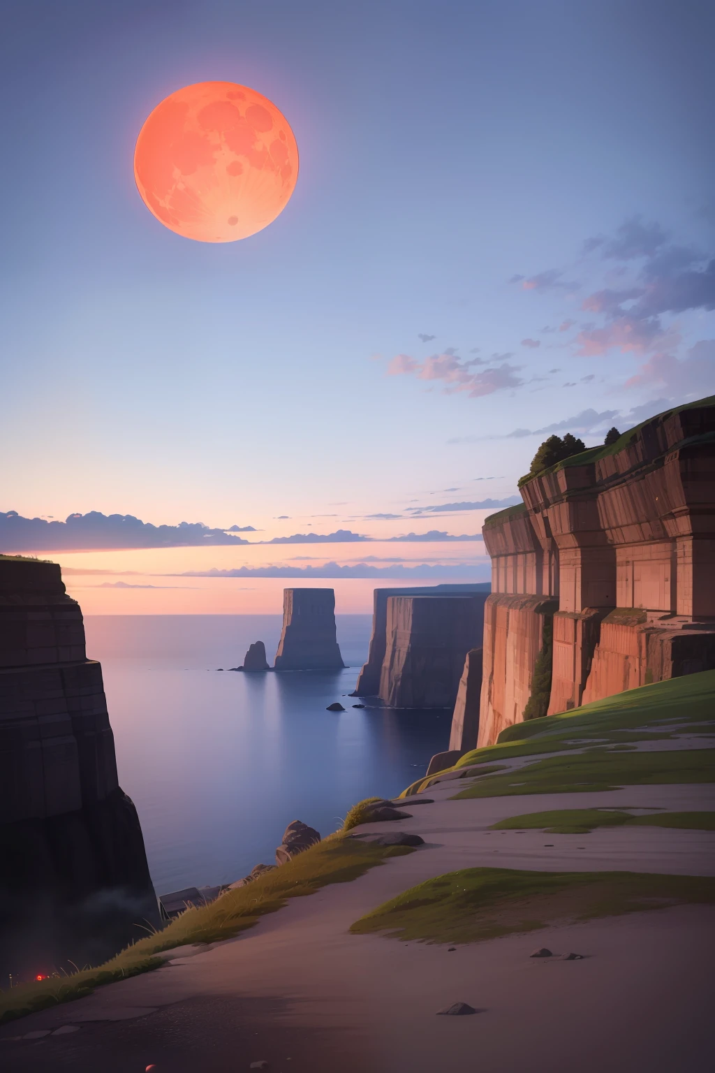 Close to the cliffs at right angles,Particularly round red moon,misterious,The gray sky is pure and cloudless,The picture color is clean,8K HD realism,