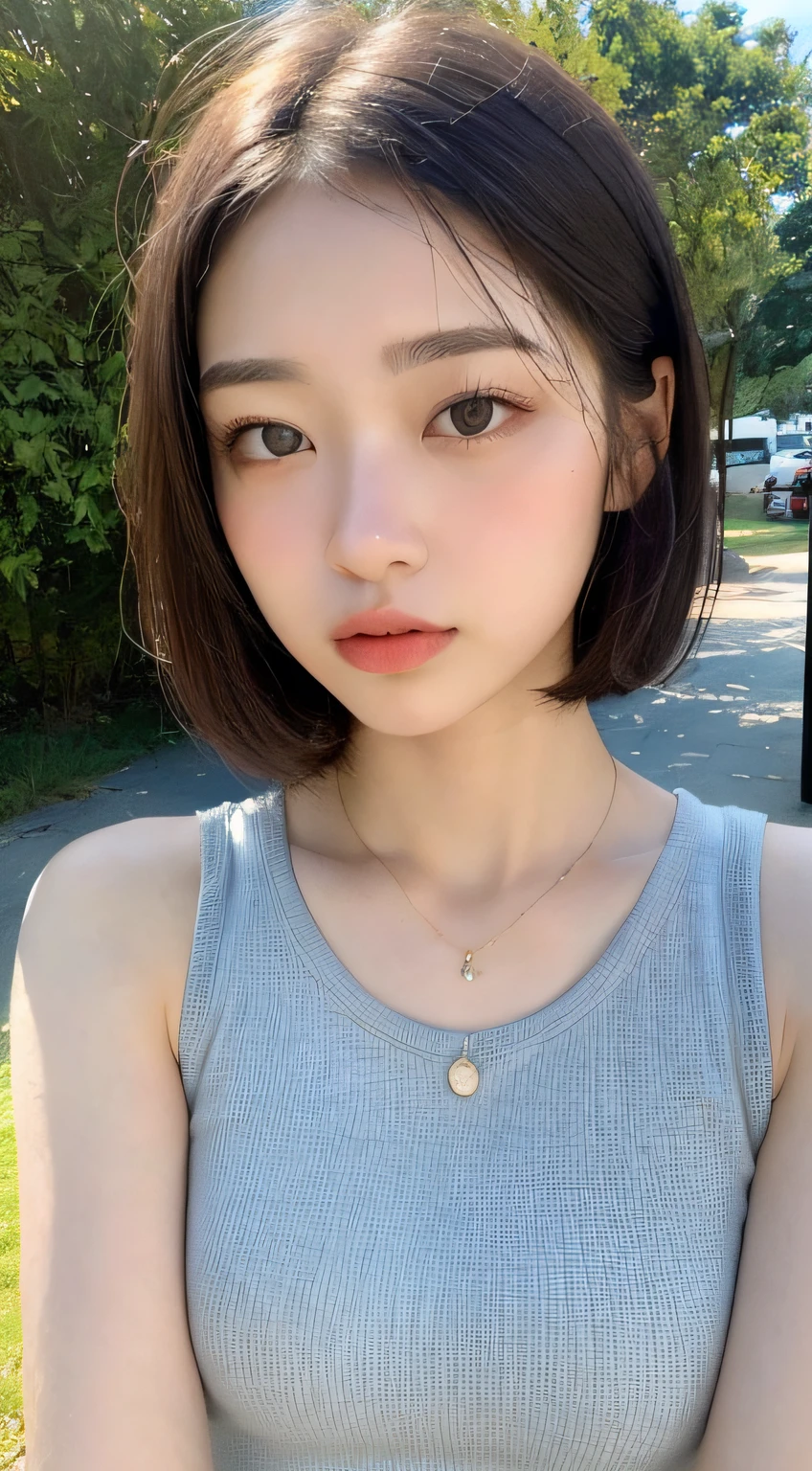 ((top-quality、​masterpiece:1.3))、foco nítido:1.2、(realisitic、Photorealsitic:1.37)、perfect beautiful female、Highly detailed facial and skin texture、Detailed eyes and double eyelids、short cut hair、Petite bust、Small necklace、sleeveless shirts、shortpants、Cloudy coast、weak sunshine、Quiet morning、