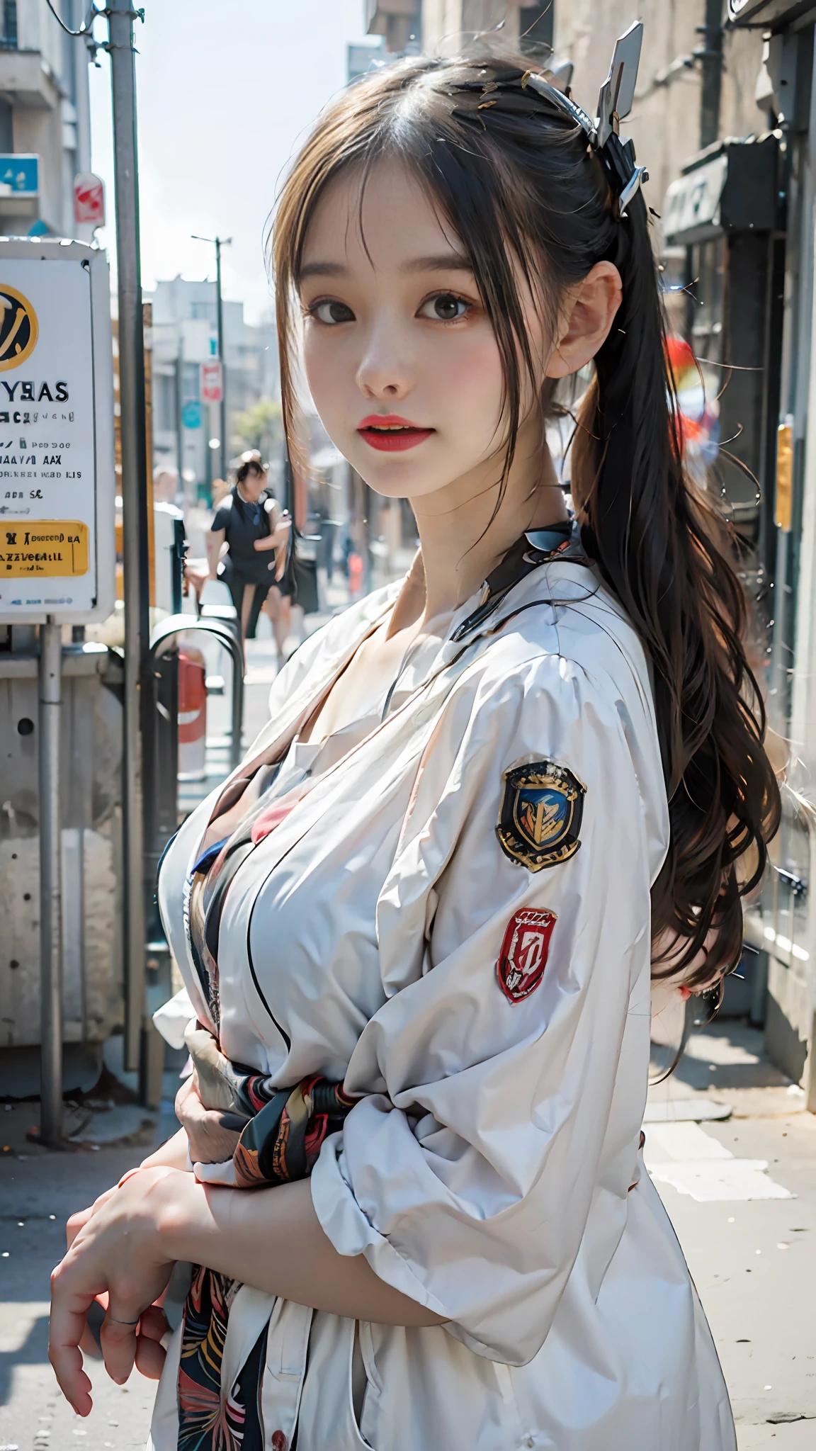 Beautiful smiling woman,In the middle of city streets,tightly dress,Machinary,cyber punk perssonage,