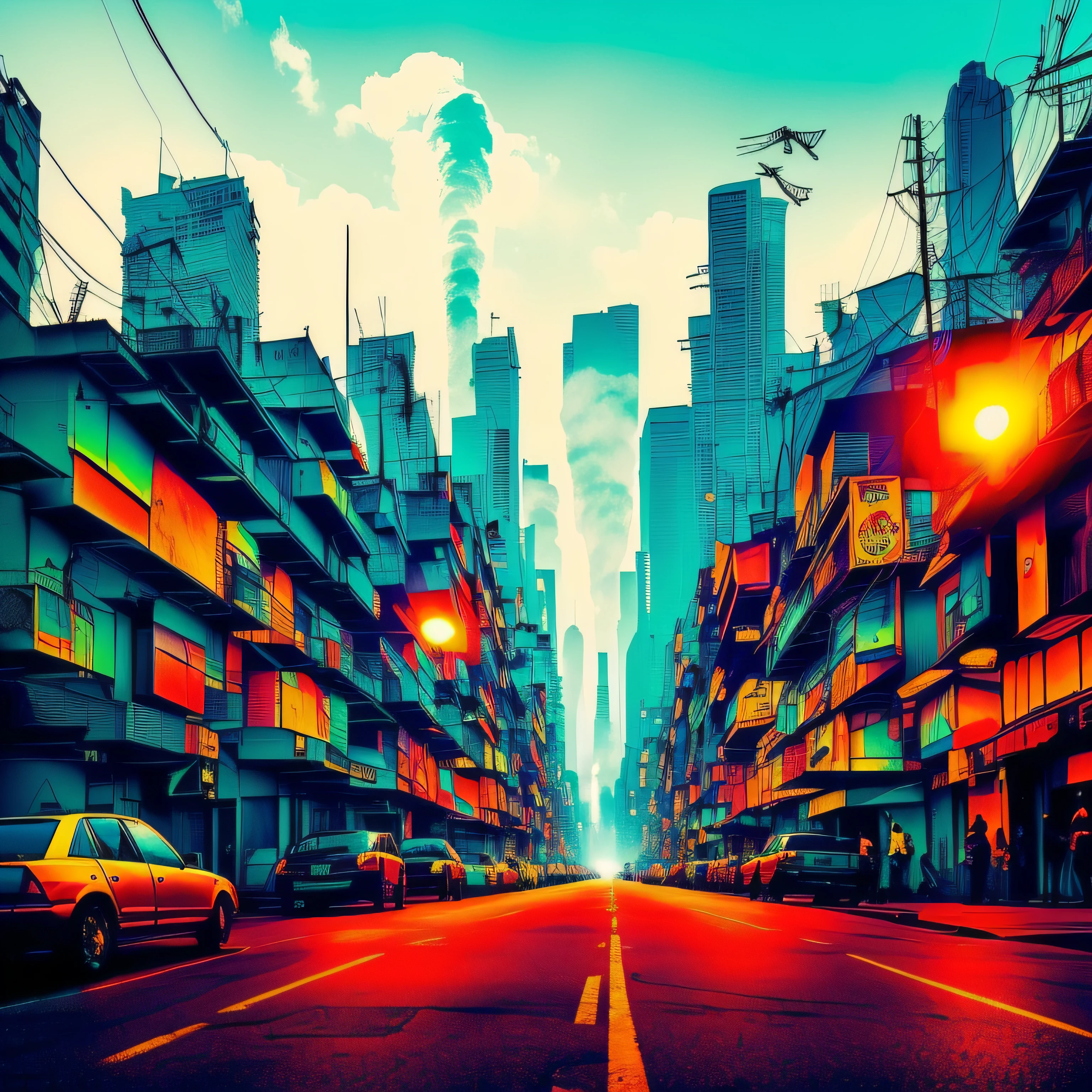 Uma paisagem urbana steam-cyberpunk densamente povoada com pessoas - dando destaque a um hacker no centro. com cores nos temas dark, horror e cores escuras - fazendo contraste com contornos de vermelho neon --auto