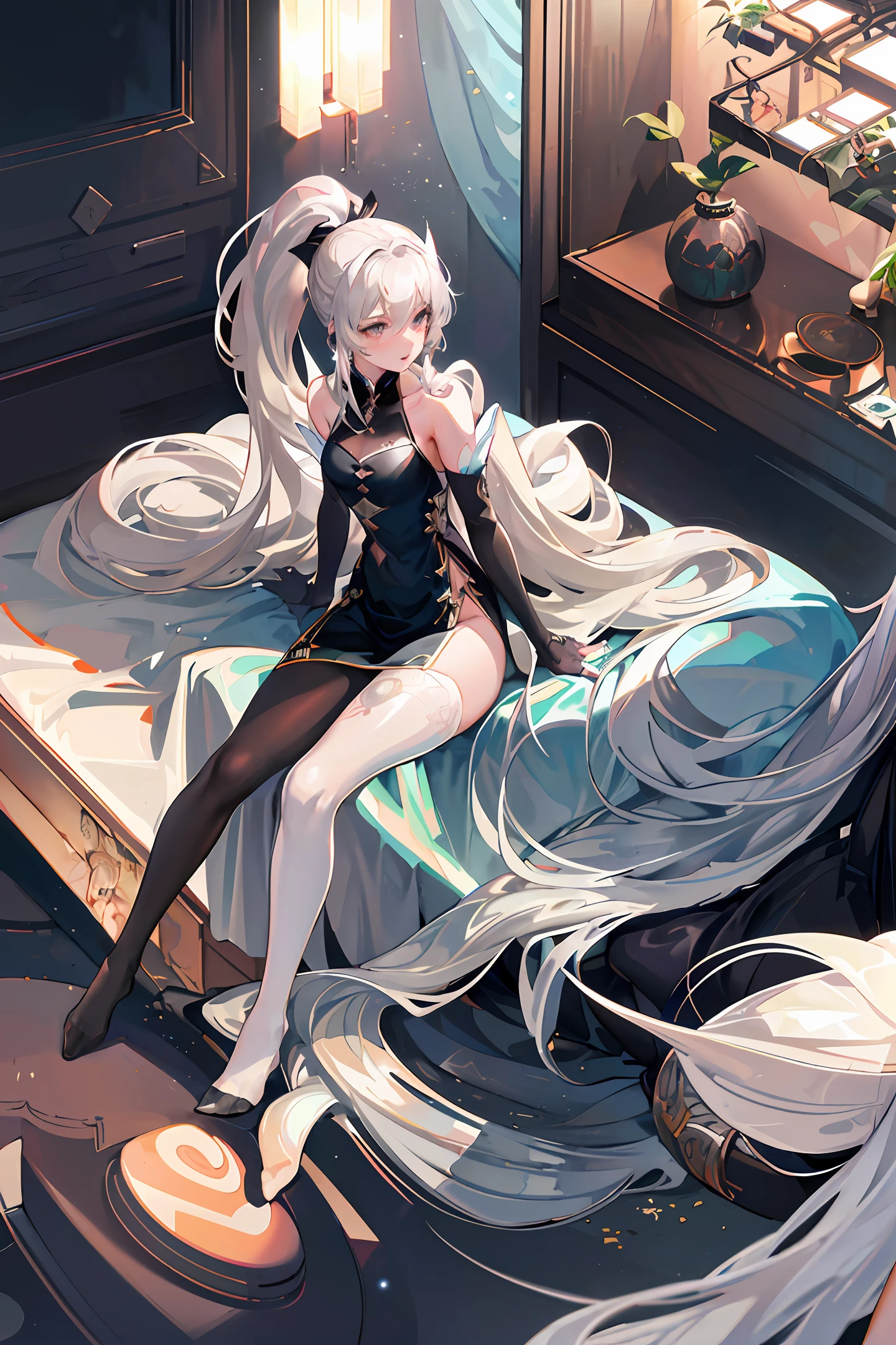 Two-dimensional ,no clothes are worn,white panties,black lence stockings,bare-legged,Lie down in bed,The perspective is from foot to head,Be red in the face,is shy