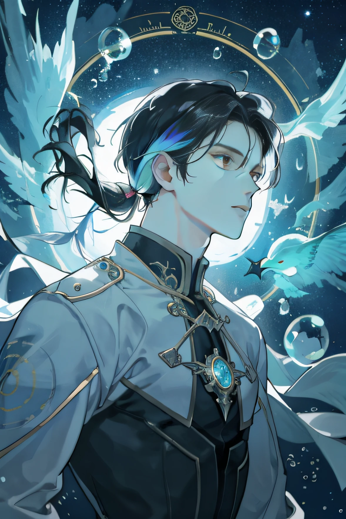 masterpiece, best quality, 1 male, adult, mature, tall muscular guy, Dark theme, Magic circle, bubble, rainbow Sunlight, Underwater, Reflected mirror, floating piece of Glass, Rainbow light, Bubble Swirling, wind Swirling, Aurora, fantasy scenery, Starlight around the character, (upper body)