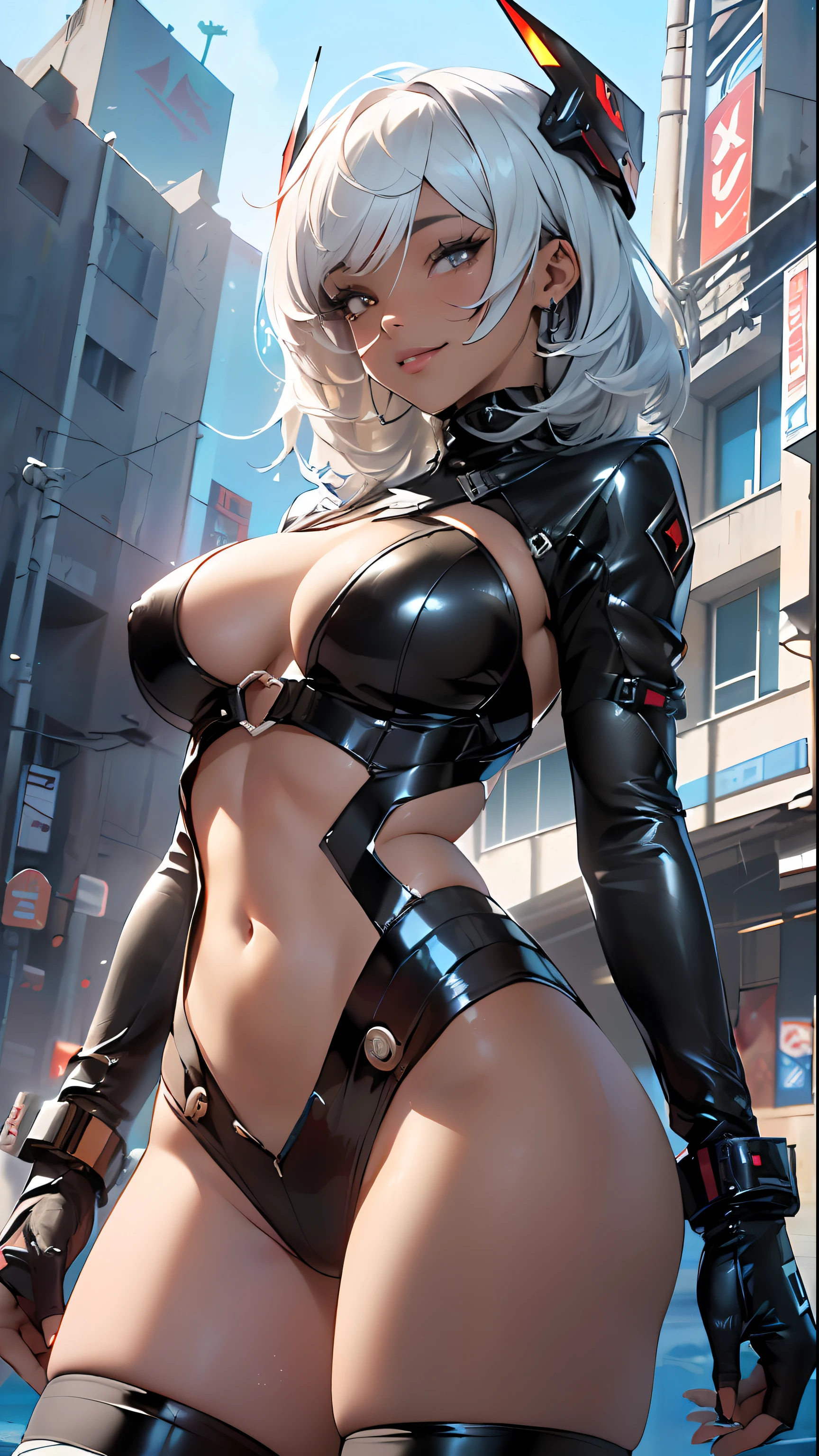 girl rave,(1girl:1.3),
(large breasts:1.4),saggy breasts,((((black girl, black skin, dark-skinned_female, dark skin:1.3, ebony skin,lustrous skin:1.5,bright skin: 1.5,shiny skin,very shiny skin,shiny body,plastic glitter skin,exaggerated shiny skin, shiny skin like ebony))),
cute,slutty,seductive,erotic,nsfw,
zettai ryouiki,revealing clothing,show skin,(semi-naked,with little clothing,),(detailed outfit,detailed clothes),
(dynamic pose:1.0),solo focus,((mischievous smile)),centered,scale to fit dimensions,Rule of thirds,
outdoors,(cyberpunk Background: 1.5, detailed background:1.25),sunny day, clouds
(Isometric: 1.0),double exposure,(masterpiece,best quality:1.3),(highres:1.5), absurdres,ultra detailed,cinematic light,realistic,ultra-realistic,high contrast,extraordinarily nice,vibrant colors,(intricate),HDR (High Dynamic Range),Ray Tracing,NVIDIA RTX,Super-Resolution,Unreal 5,Subsurface dispersion,PBR texture,Post-processing,Anisotropic filtering,Depth of field,Maximum clarity and sharpness,Multilayer textures,Albedo and specular maps,Surface shading,Accurate simulation of light-material interaction,Octane Render,Two-tone lighting,Wide aperture,Low ISO,White balance,8K RAW,Saturation