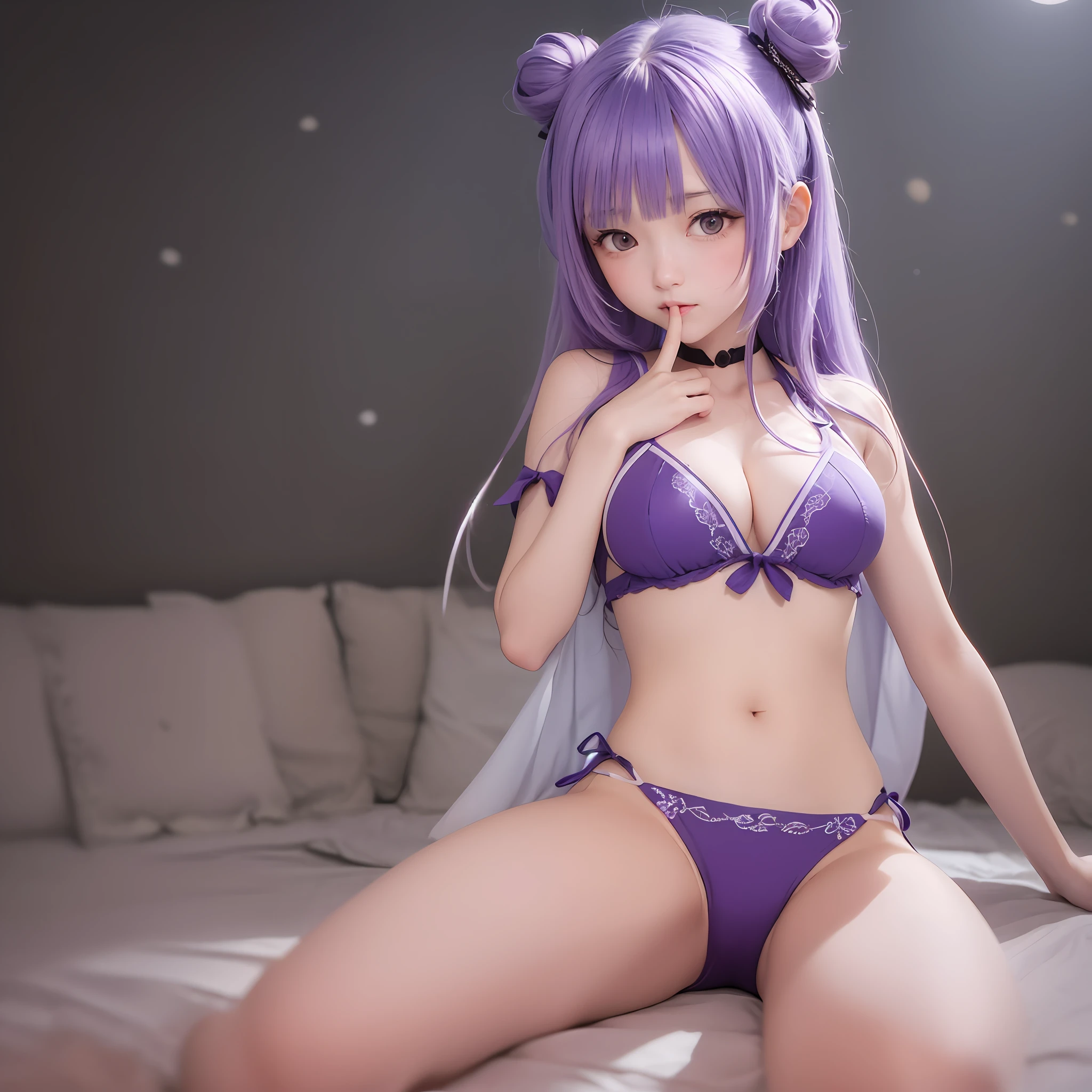 The upper part of the body、女の子1人、purple color  hair、Bun Hair School、Purple Eye、Piece It Piece、Floral Bikini、large full breasts、Medium Breath、bow ribbon、wall-paper、Beautiful sea background、 Japan anime-style odd eye spell, I see the moon. Add some stars using screentones for magic effects.