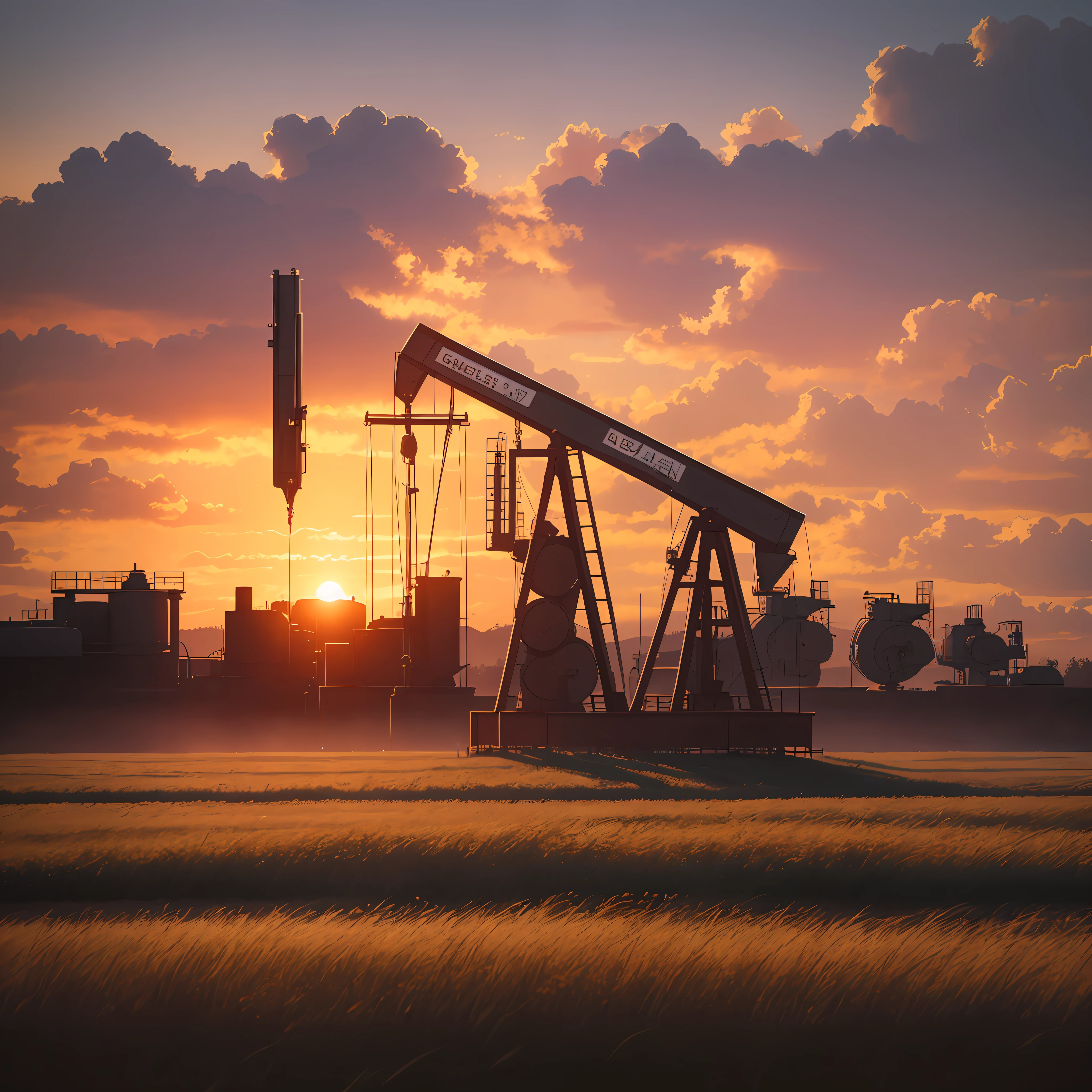 there is a large oil pump in the middle of a field, oilfield scene, oil dereks on horizon, oil rig, photo shot, beautiful photo, crude, photo still, stock photo, intricate oil sweeps, oil in canvas style, oil like flowing, oil digital painting, by Mathias Kollros, by Adam Marczyński