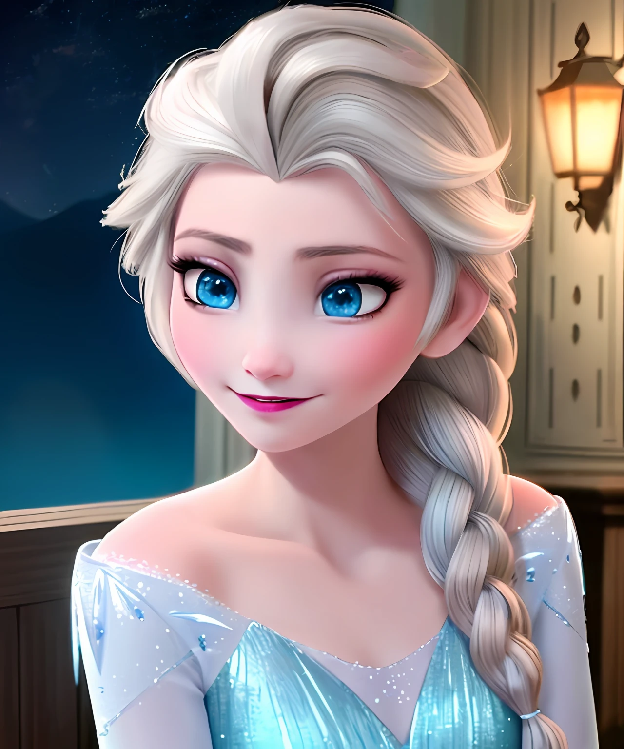 (Obra maestra:1.4), (Mejor calidad:1.4), (High resolution:1.4), (noche:1.2), (retrato:1.2), Elsa de Arendelle, vestido azul hielo, (single braid:1.1) ,single braid, Estilo disney, animacion disney, pelicula disney, ,fotografia profesional, close mouth, boca cerrada, ligera sonrisa